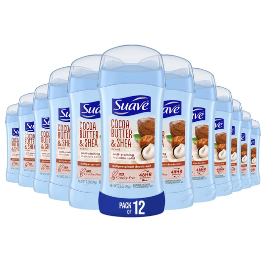 Suave Deodorant Women, Antiperspirant, Cocoa Shea Butter, 48-Hour Odor & Wetness Protection, with Essential Oils, Anti-staining, no Baking soda 2.6 oz Beauty and Personal Care Suave