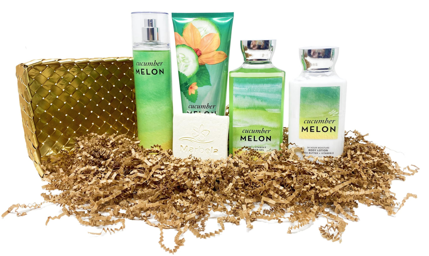 Bath & Body Works Cucumber Melon Gold Woven Basket 4 Piece Gift Set - Fine Fragrance Mist, Body Cream, Body Lotion and Shower Gel With a Natural Oats Beauty and Personal Care Bath & Body Works