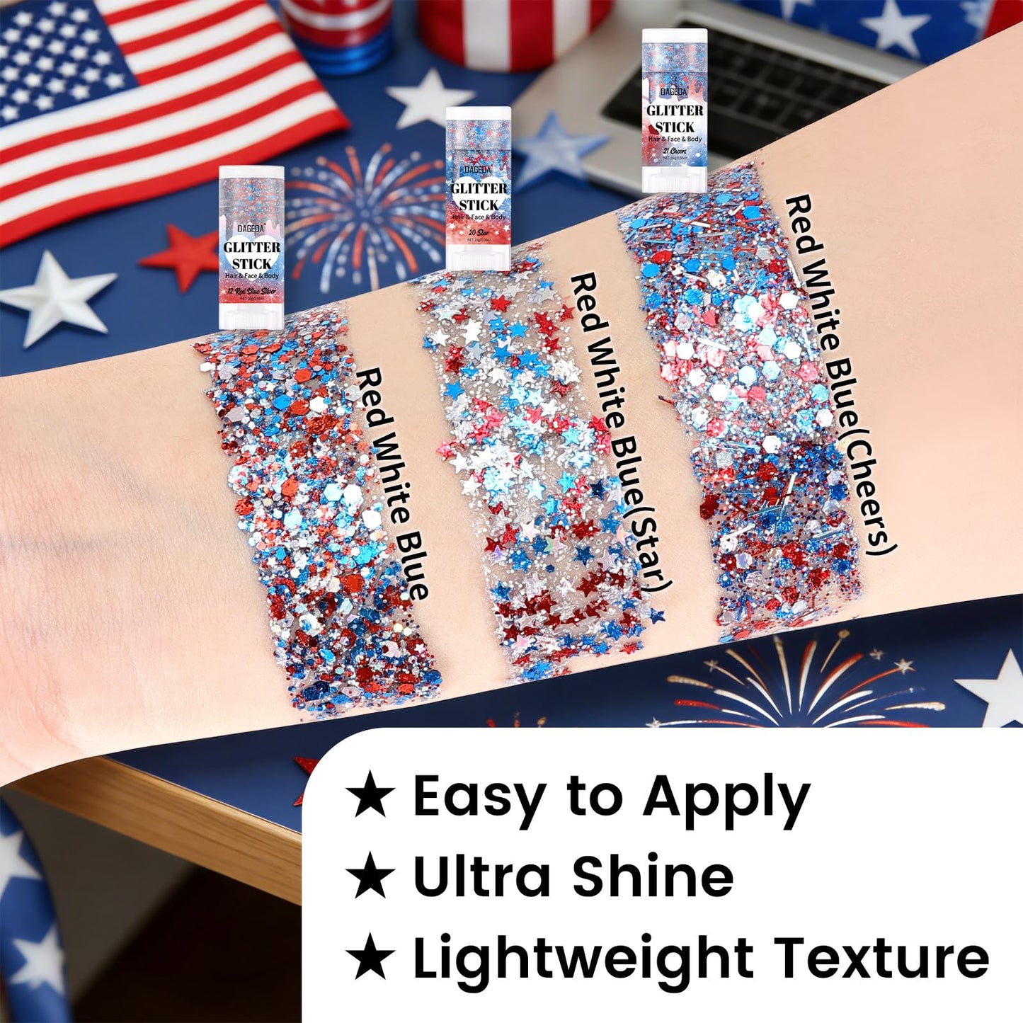 DAGEDA Red White Blue Body Glitter Stick, Sparkly Face Glitter Makeup, 4th of July Outfits Accessories for Women, Shimmer Face Paint Stick, Fourth Beauty and Personal Care DAGEDA