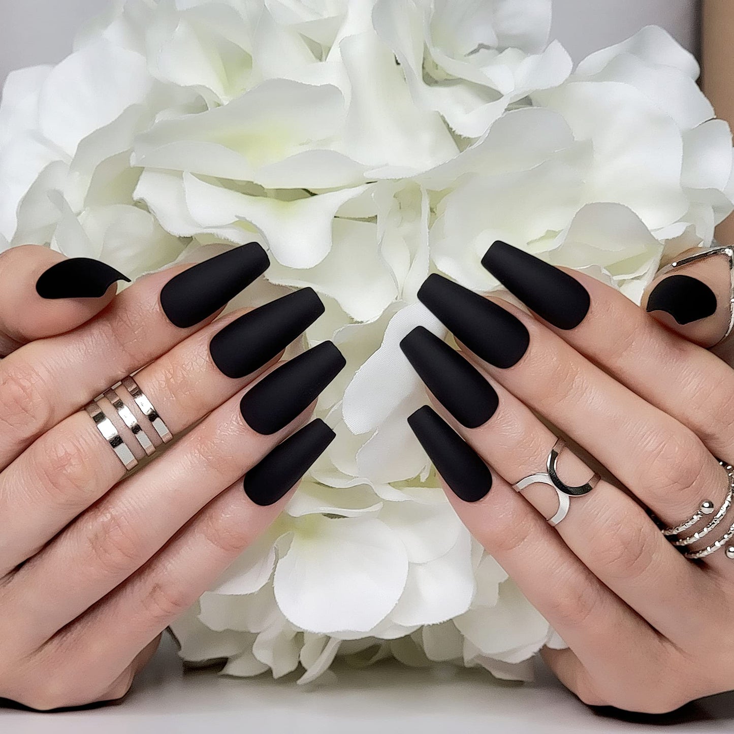 Hypnaughty 24 Pcs Noir Black Matte Luxury Coffin Press on Nails with Glue Medium Long Solid Black Color False Nails (Noir) Beauty & Personal Care Hypnaughty