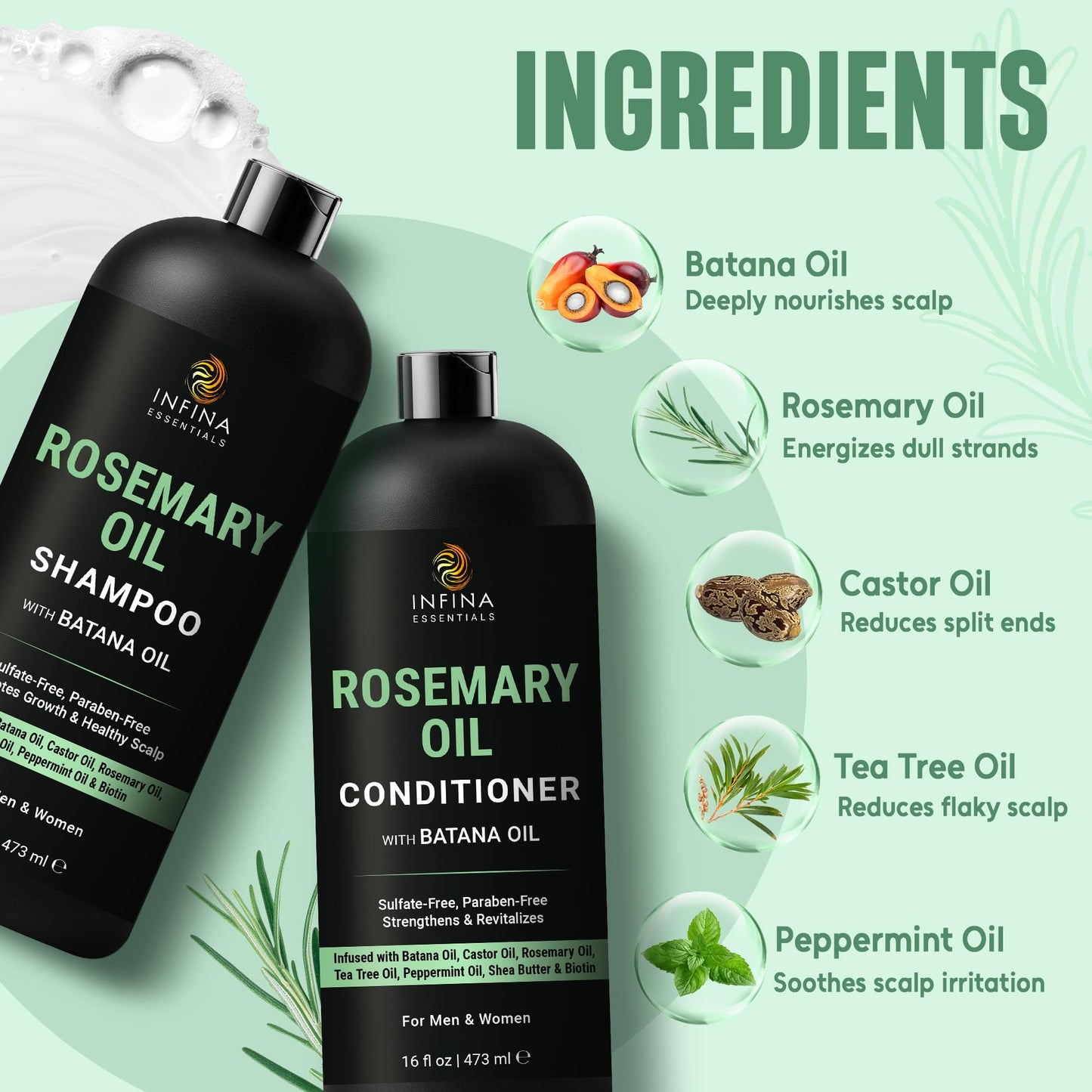 INFINA ESSENTIALS Rosemary Oil Shampoo and Conditioner Set | 16 fl oz Each | with Batana Oil & Biotin | Sulfate-Free Thickening Formula for Thinning Beauty & Personal Care INFINA ESSENTIALS
