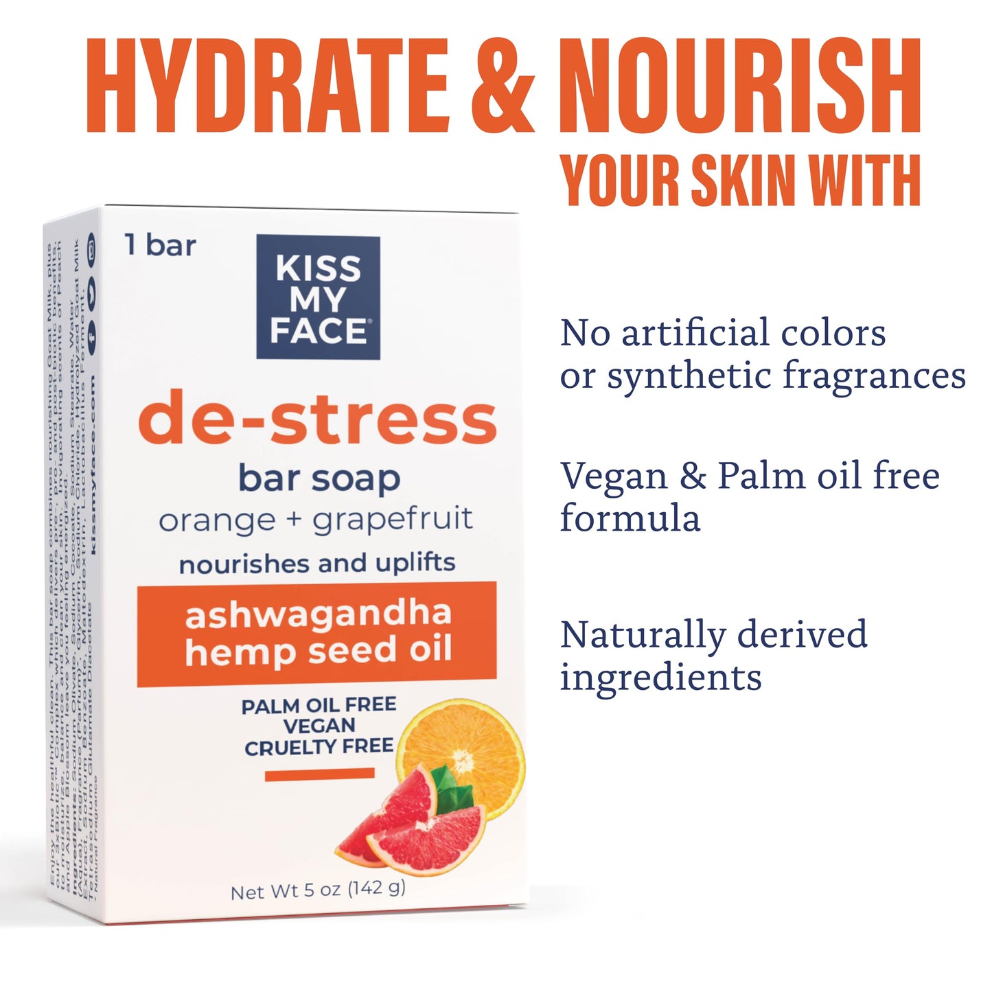 Kiss My Face De-Stress Bar Soap - Orange + Grapefruit - Vegan Soap Bar with Hemp Seed Oil - Cruelty Free and Palm Oil Free Bath Soap (Orange + Beauty & Personal Care Kiss My Face
