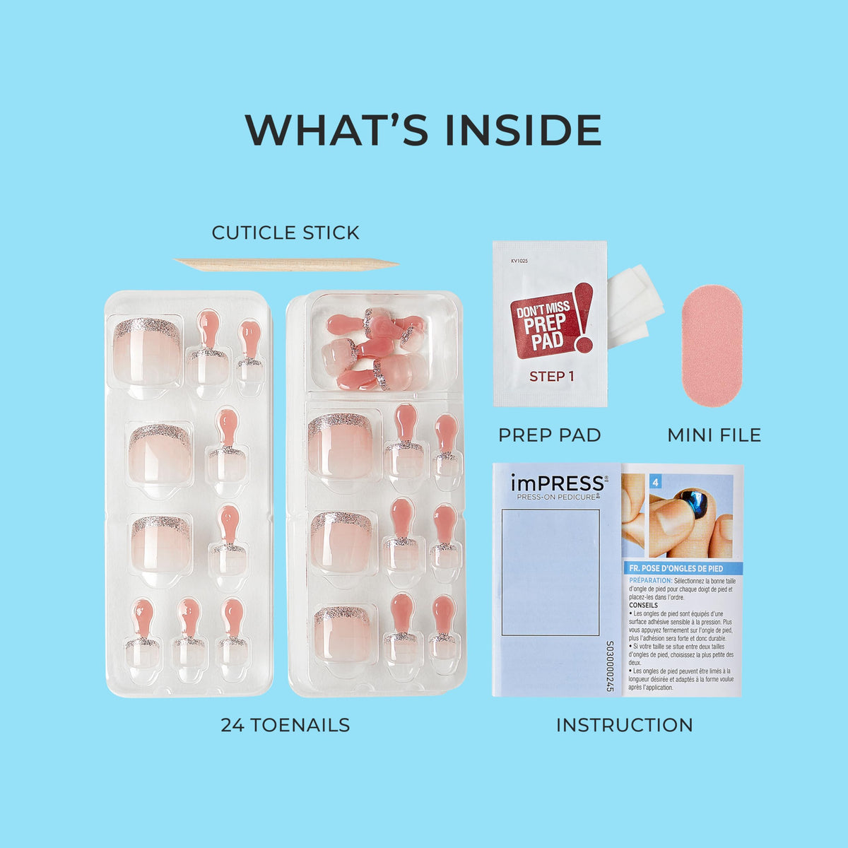 KISS imPRESS No Glue Pedi Press-On Nails, Design, 'Last Flowers', Medium Blue, Short Size, Squoval Shape, Includes 24 Nails, Prep Pad, Instructions