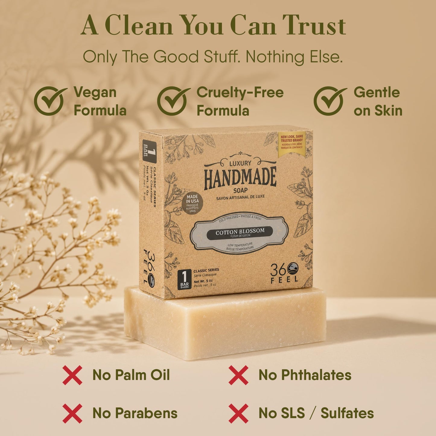 360Feel Clean cotton Soap 5 oz Castile Handmade Soaps -Refreshing Spring scent- Essential Oil Natural Mans Soap bar- Anniversary Wedding Gifts- Made Beauty & Personal Care 360Feel