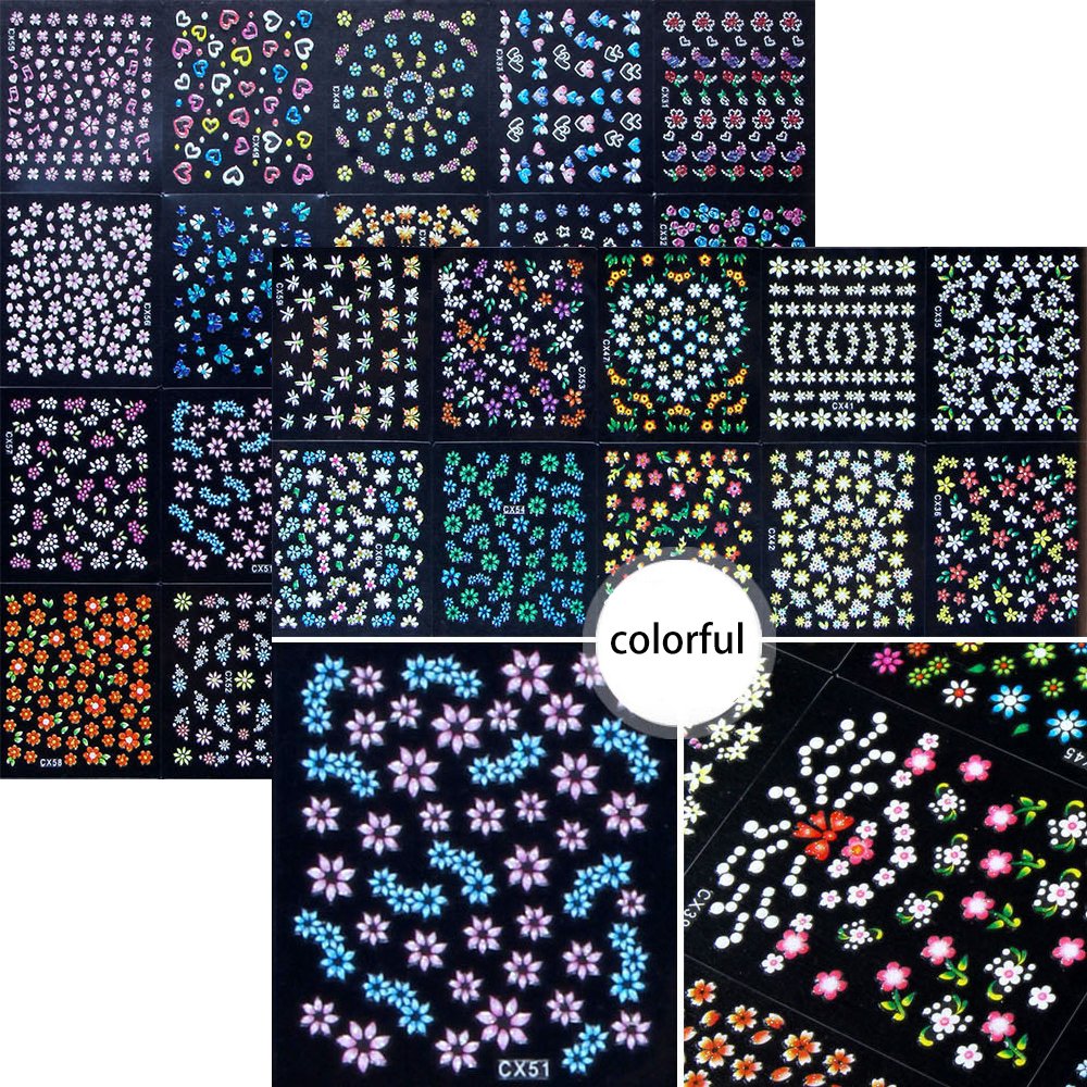 4500 Pieces Flowers Nail Stickers Kit 90 Sheets 3D Mini Nail Art Stickers Black White Colorful Various Patterns Flower Decals Self-Adhesive False Beauty & Personal Care Tazimi