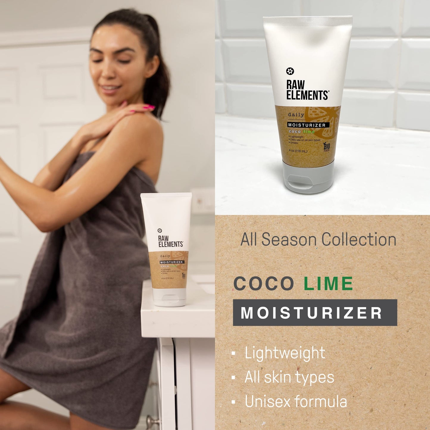 Raw Elements Daily Moisturizing Lotion Coco Lime - Organic Non Toxic Body Lotion, Cocoa Butter, Vitamin E, Reef-Safe, Water Resistant, Bio-Resin Tube Beauty & Personal Care Raw Elements