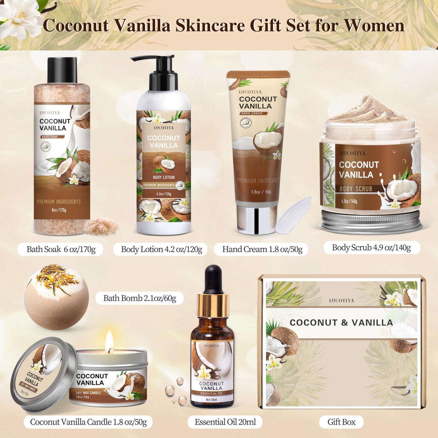 Gifts for Women, Birthday Gifts for Women, Bath and Body Gifts Set, Vanilla Coconut Spa Gift for Self Care,Thank you Relaxing Bath Sets for Mom Beauty and Personal Care LUCOTIYA