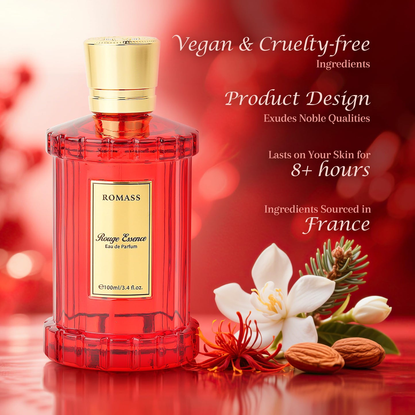 ROMASS Rouge Essence Luxe Eau De Perfume - 8+ Hours Long-Lasting Fragrance with Vibrant Saffron, Warm Amber, Woody Accords & Creamy Almond Notes100ml Beauty & Personal Care ROMASS