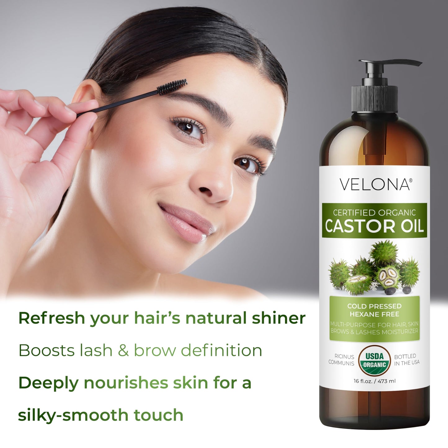 velona USDA Certified Organic Castor Oil - 16 fl oz (With Pump) | For Hair Growth, Boost Eyelashes, Eyebrows | Cold pressed, Natural Oil, USP Grade | Beauty & Personal Care velona