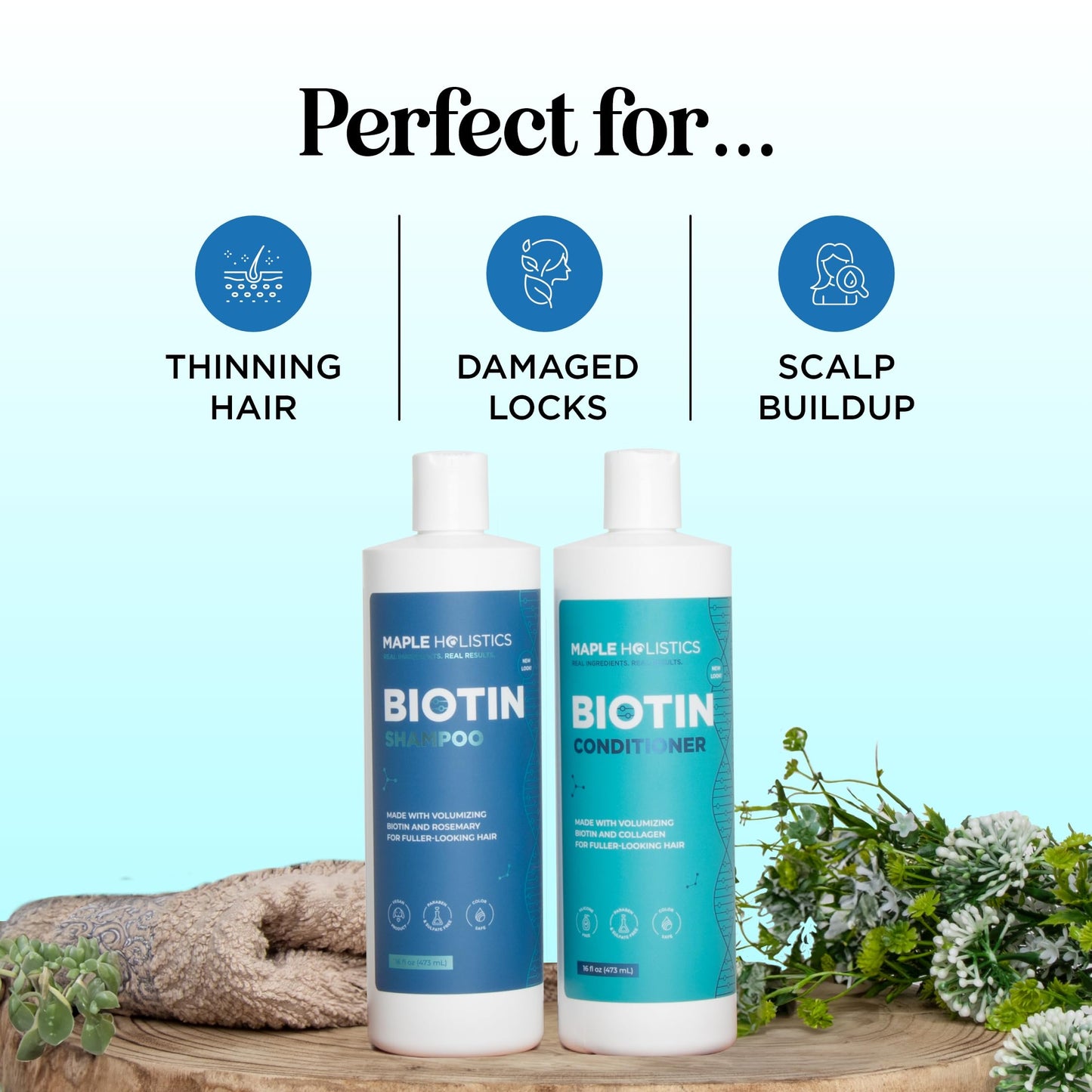 Rosemary Biotin Shampoo and Conditioner Set - Volumizing Shampoo and Conditioner for Thinning Hair for Women & Men with Nourishing B Vitamins Beauty & Personal Care Maple Holistics