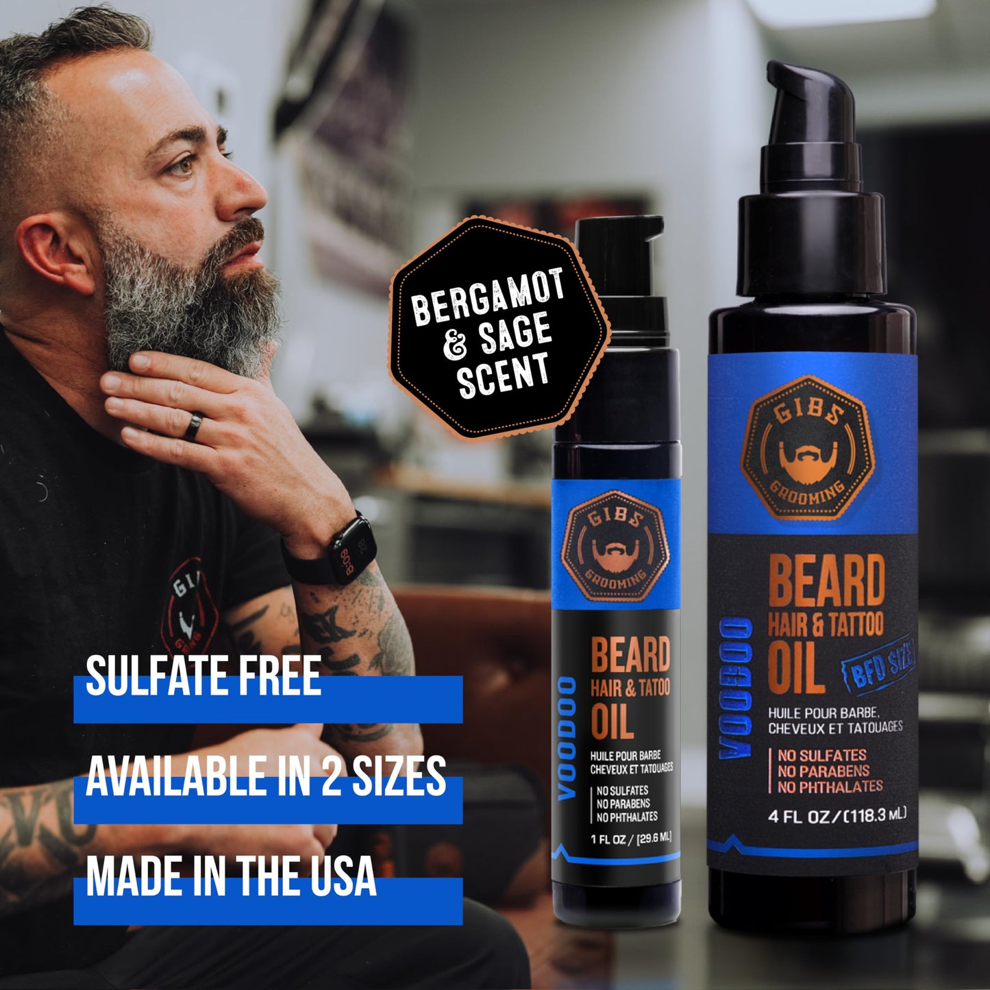 GIBS Grooming - Voodoo Prince Beard, Hair & Tattoo Oil (1 fl oz) - Softens, Strengthens, Protects - Skin Moisturizer - Vitamin C, UV Shield, Travel Beauty and Personal Care GIBS