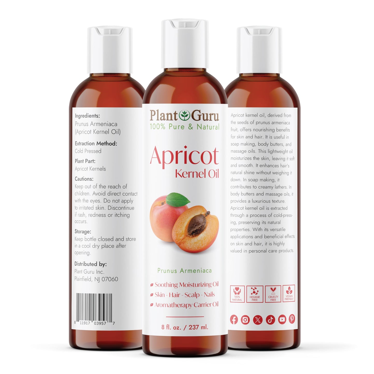 Apricot Kernel Oil 8 fl. oz. Cold Pressed 100% Pure Natural Carrier - Skin, Face, Body And Hair Growth Moisturizer. Great For DIY Cream, Lotions Beauty & Personal Care Plant Guru
