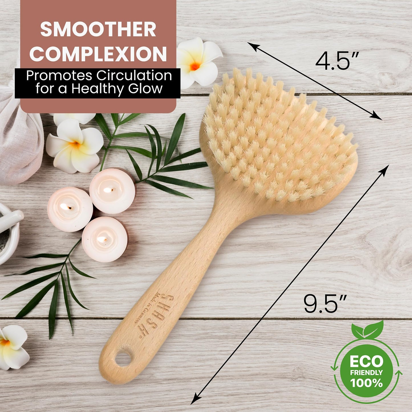 SHASH Since 1869 Hand Made in Germany - Smooth 100% Boar Bristle Body Brush, Gently Exfoliates Skin for a Softer, Smoother Complexion, Dry Brush Body Beauty & Personal Care SHASH