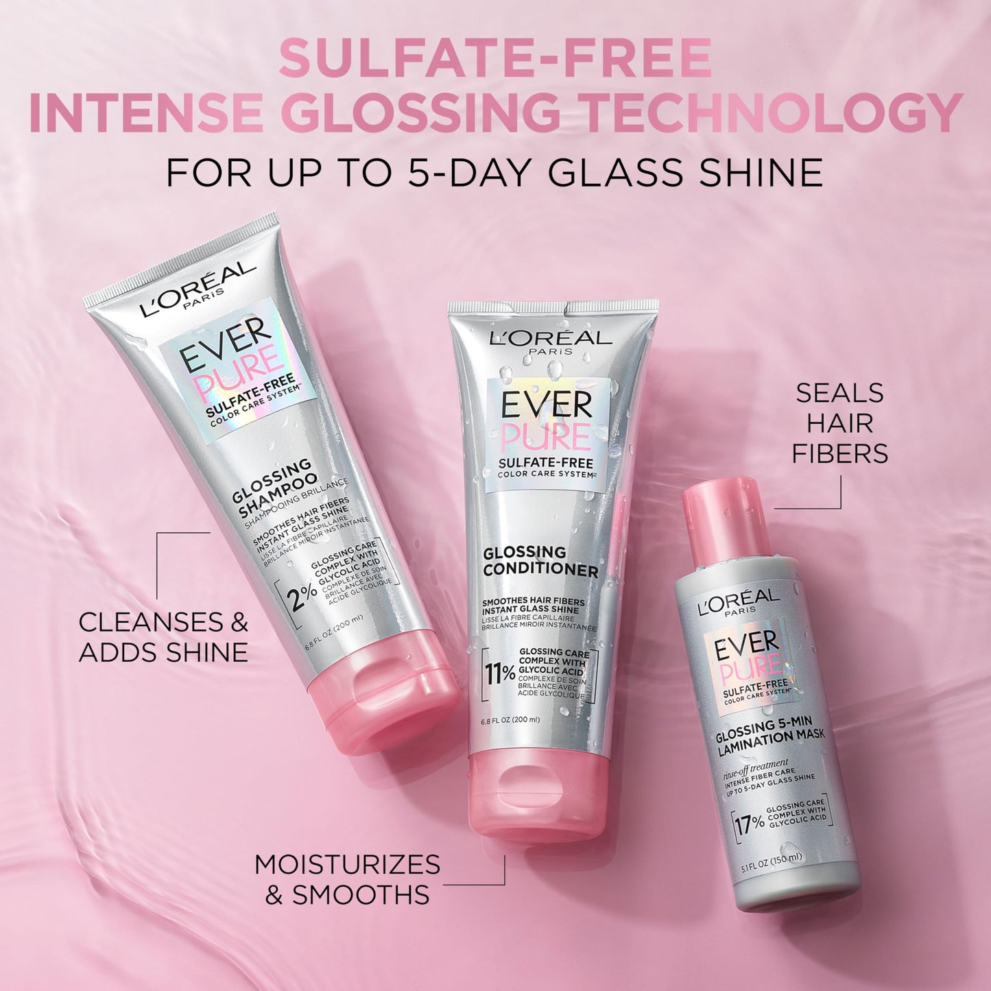 L'Oreal Paris Glossing Sulfate Free Shampoo with Glycolic Acid, Hair Care for Lasting Shine and Smoothness for Dull, Dry Hair, EverPure, 6.8 Fl Oz Beauty & Personal Care L'Oreal Paris