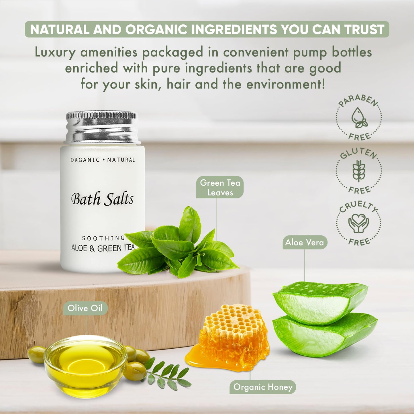 Soothing Aloe & Green Tea Bath Salts - 1.2oz Single-Use Hospitality/Travel Size Jar - Case of 300 Beauty and Personal Care Terra Pure