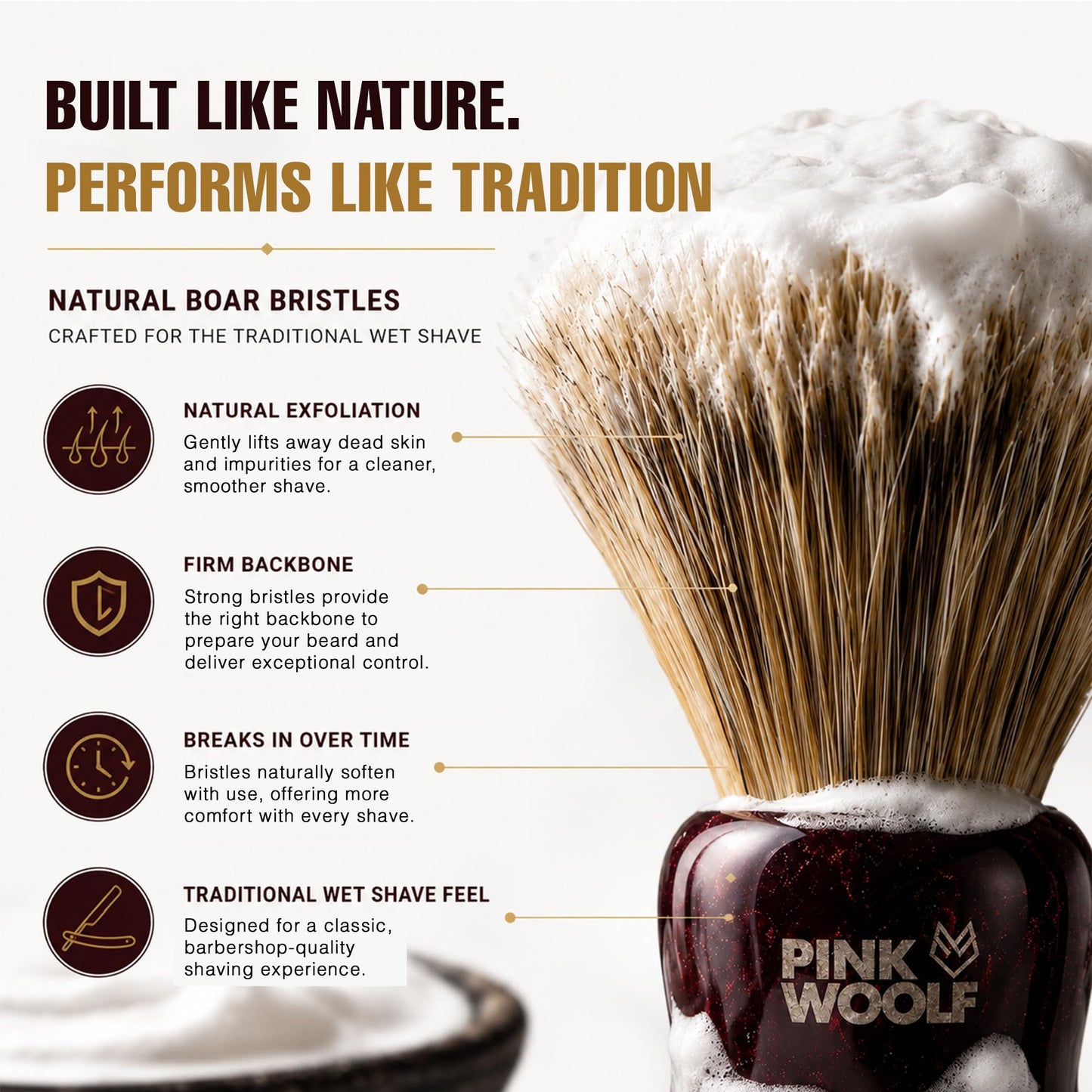 Pink Woolf Boar Shaving Brush for Men - 28mm Natural Boar Bristles, Dense Wet Shave Brush for Rich Lather, Premium Maroon Handle, Soft Face Feel Beauty and Personal Care Pink Woolf