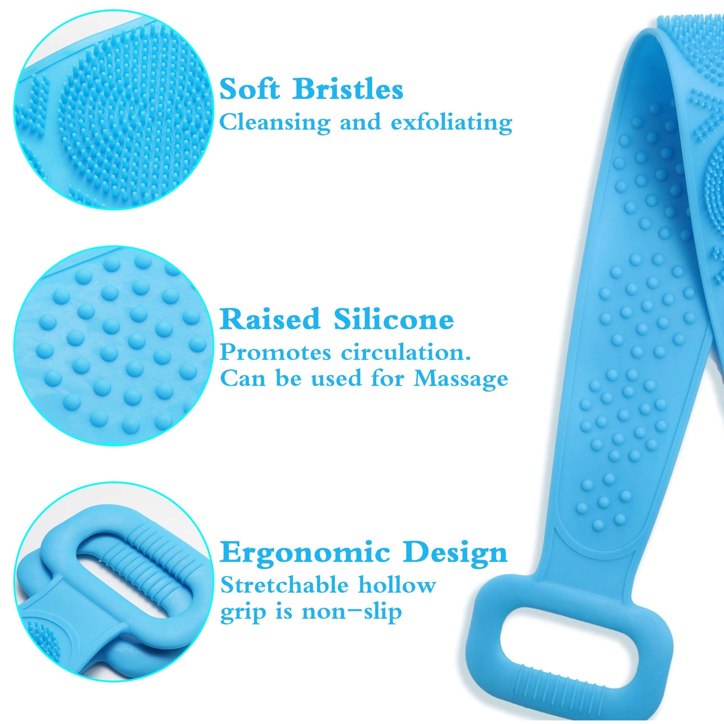 Silicone Back Scrubber Belt (28 inch) Blue - Extra Long-Double-Sided Bath Scrub Strap Gently Massages and Exfoliates Skin - Shower Back Scrubber Beauty and Personal Care Tendu