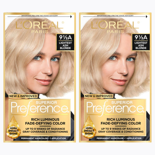 L'Oreal Paris Superior Preference Luminous Fade-Defying Permanent Hair Color, Hair Dye For Up to 9 Weeks of Radiance, Lightest Ash Blonde 9.5A, 1 Hair