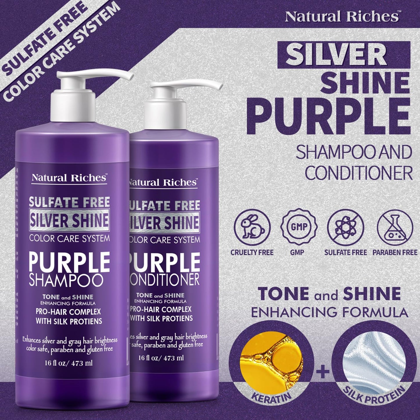 Natural Riches Radiant Silver Shine Purple Shampoo and Conditioner Set for Gray Hair - Paraben-Free and Color Safe - With Silk Proteins, Tones Dull Beauty & Personal Care Natural Riches