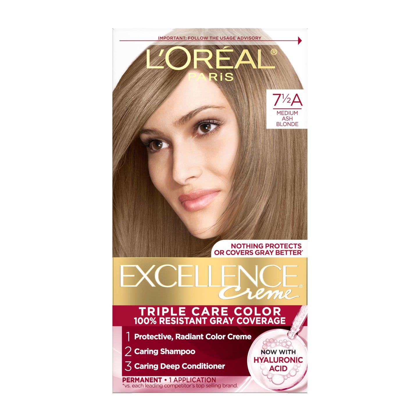 L'Oreal Paris Excellence Crème Permanent Hair Dye, Triple Care Hair Color with Hyaluronic Acid for 100% Gray Coverage, 7.5A Medium Ash Blonde, 1 Kit Beauty & Personal Care L'Oreal Paris