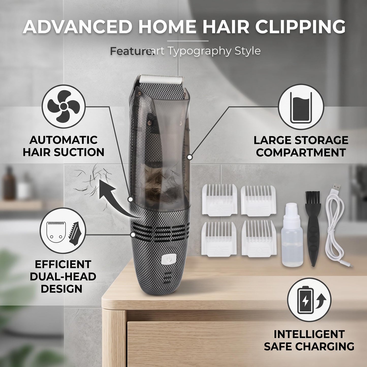 EVGATSAUTO Professional Electric Hair Clipper for Men, Cordless Hair Trimmer with Automatic Suction & Built-in Storage Compartment - Quiet, Ergonomic Beauty and Personal Care EVGATSAUTO