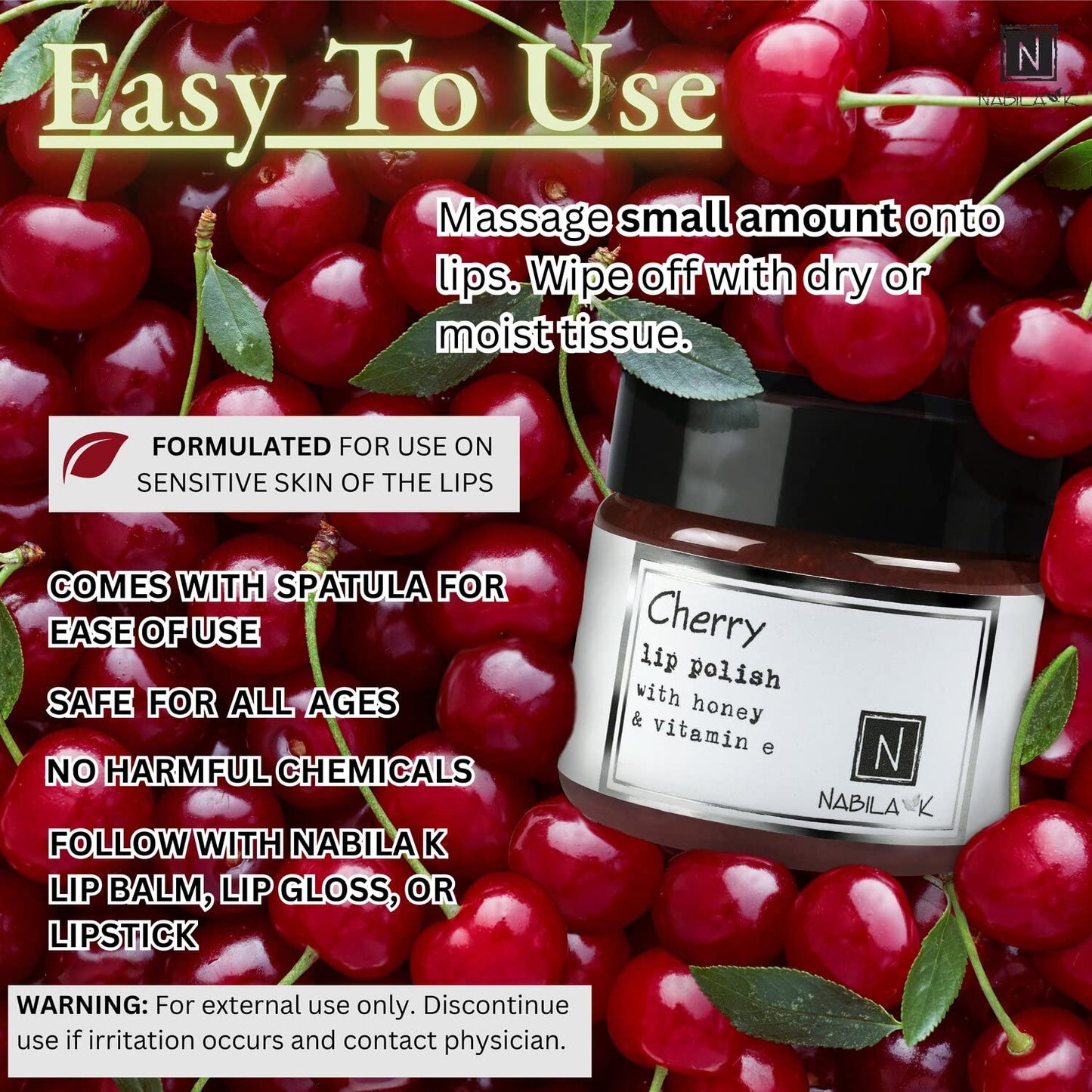 Cherry Lip Polish, 1 oz by Nabila K - Hydrating Lip Exfoliator & Moisturizer with Honey and Vitamin E for Dry and Chapped Lips - Cruelty-Free, Real Beauty and Personal Care Nabila K