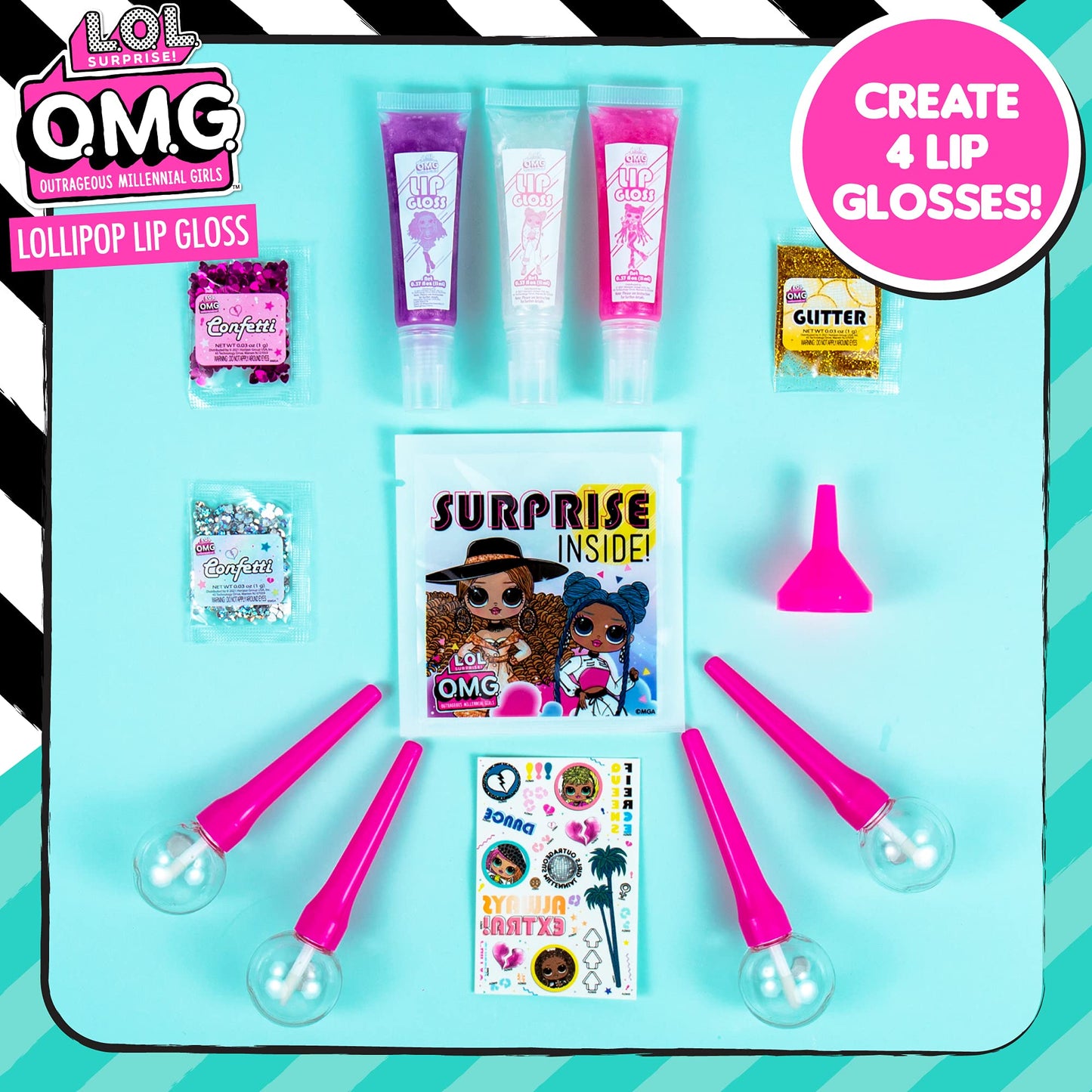 L.O.L. Surprise! O.M.G. Lollipop Lip Gloss by Horizon Group USA, Create 4 LOL Surprise Lip Glosses, Includes 4 Lip Gloss Containers, 3 Fun Flavors Beauty & Personal Care L.O.L. Surprise!
