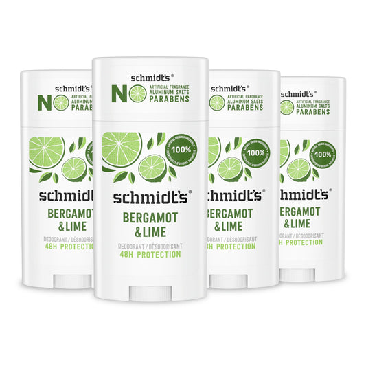 Schmidt's Aluminum-Free Vegan Deodorant Bergamot & Lime 4 Count for Women and Men, with 24 Hour Odor Protection, Natural Ingredients, Cruelty-Free Beauty & Personal Care Schmidt's