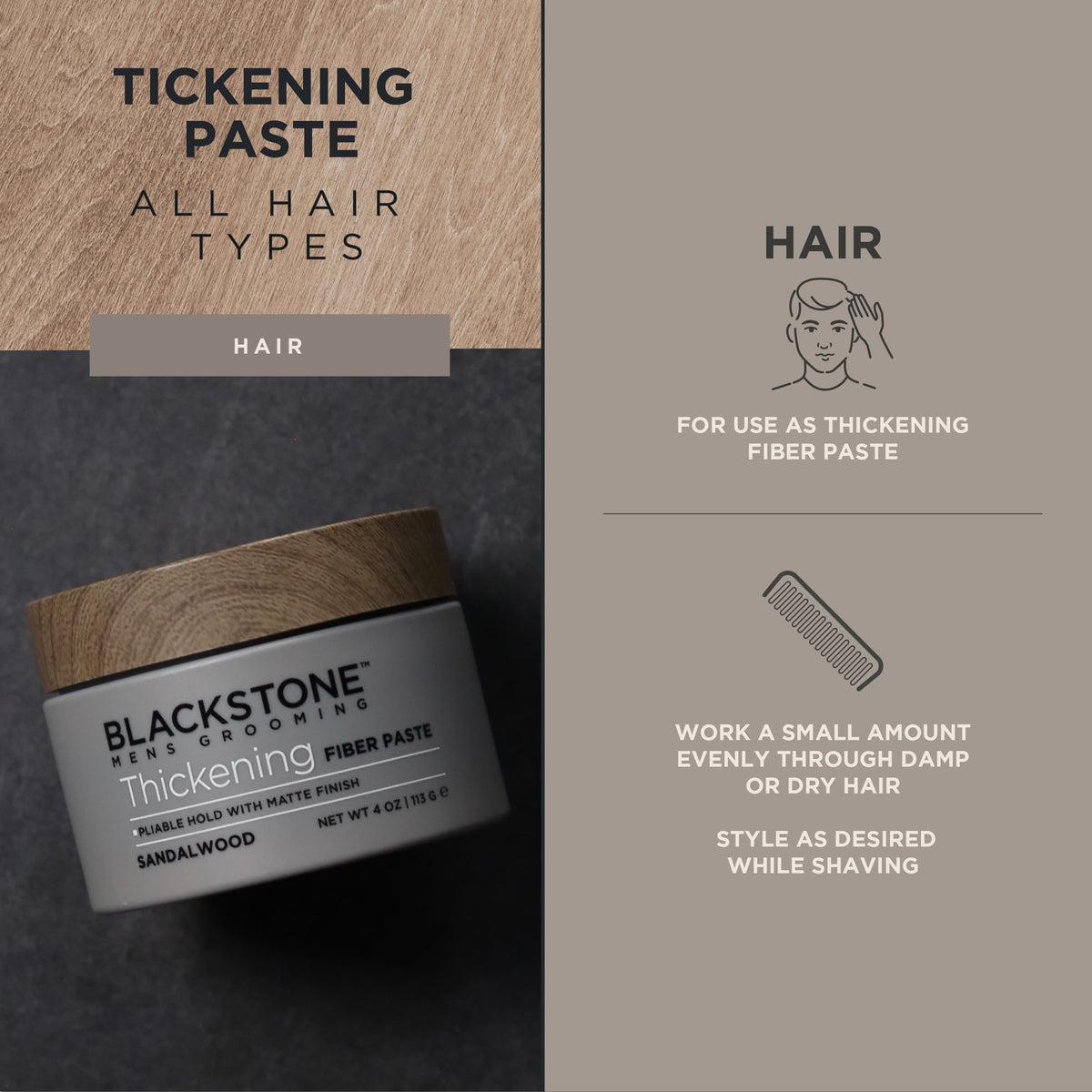 Blackstone Men's Grooming Thickening Fiber Paste Gel for Hair Styling - Adds Volume with Pliable Hold & Matte Finish | Paraben Free, Sandalwood (4 oz) Beauty & Personal Care Blackstone