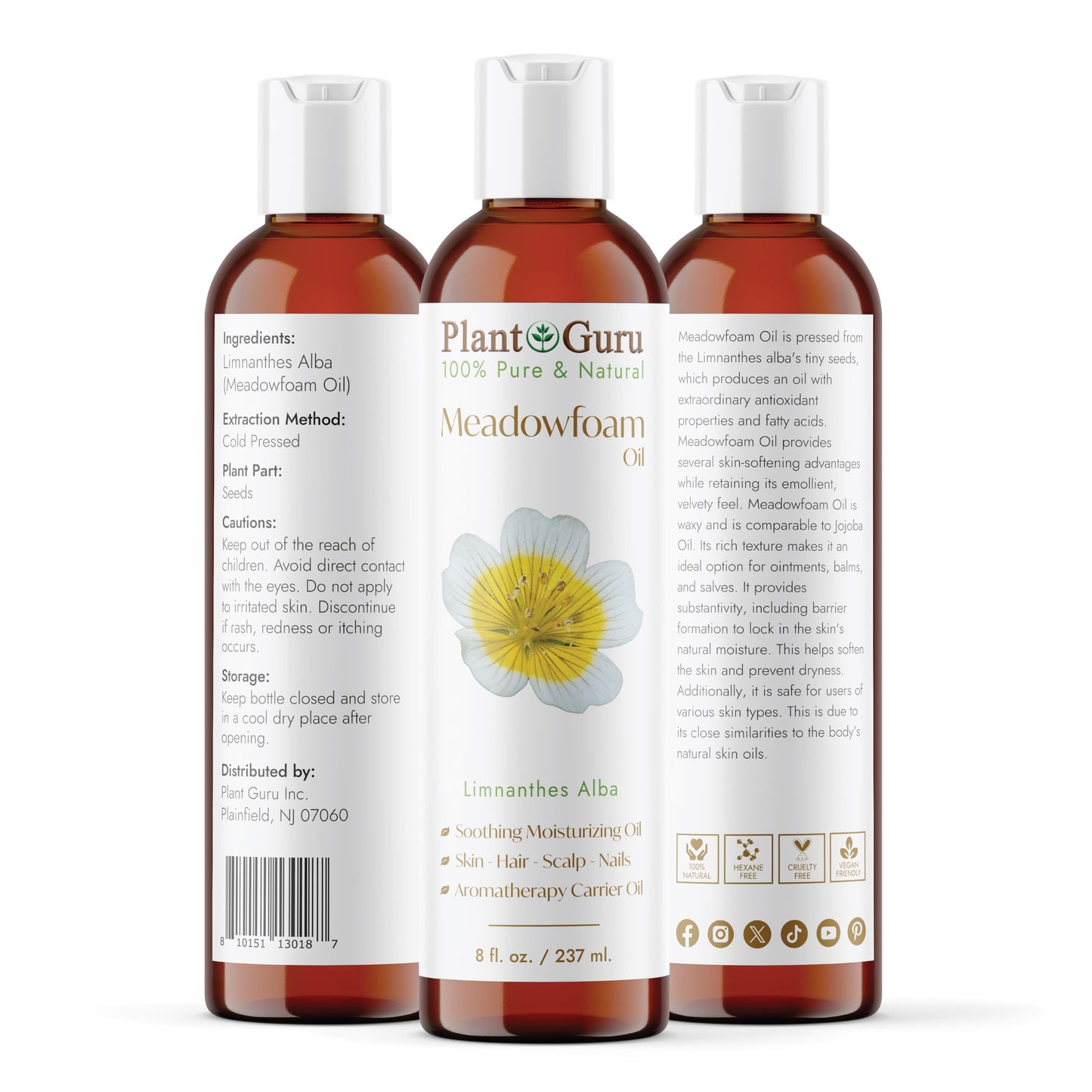 Plant Guru Meadowfoam Oil 8 fl. oz. Cold Pressed 100% Pure Natural Carrier - Skin, Face, Body, and Hair Moisturizer. Ideal for DIY Creams, Lotions Beauty & Personal Care Plant Guru