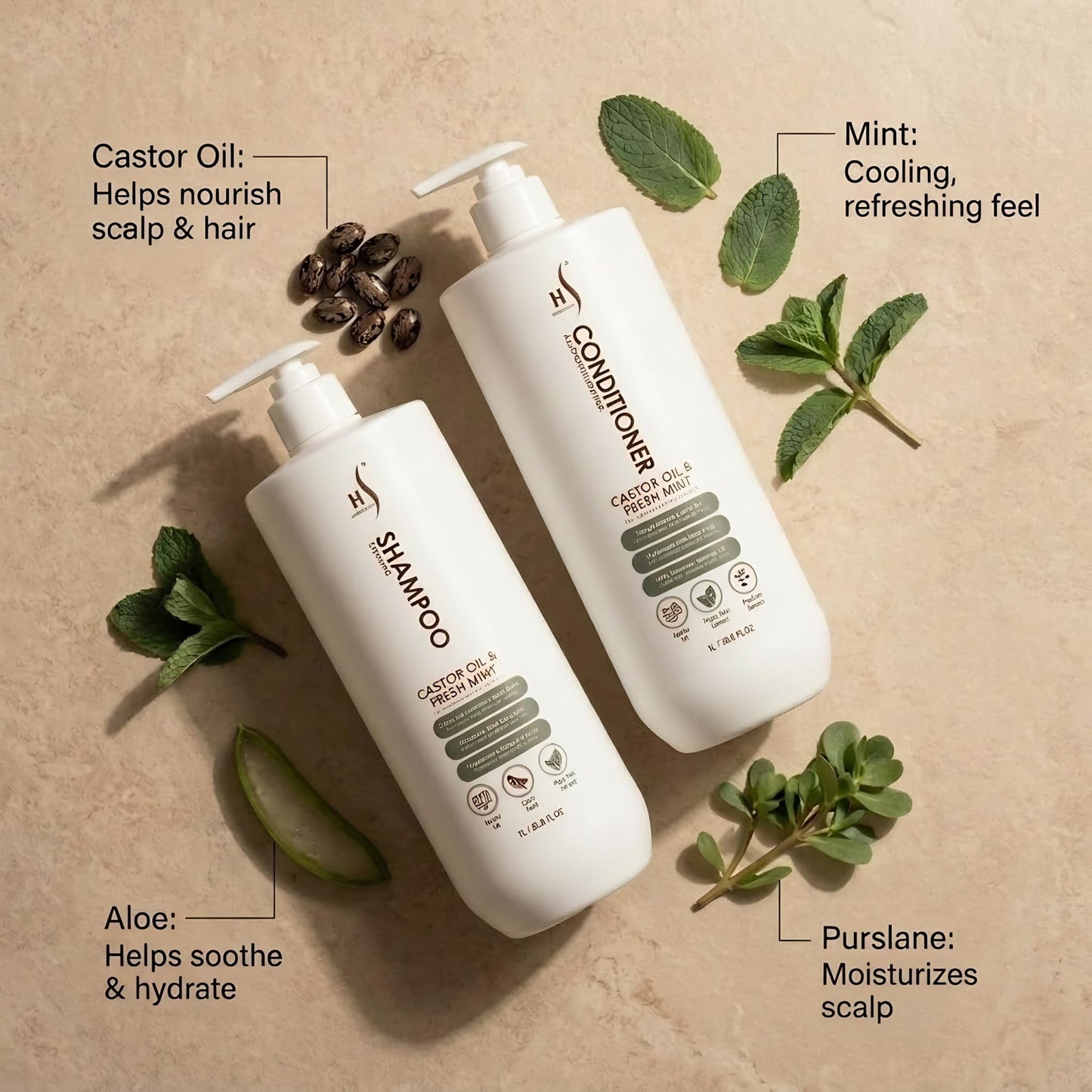 HerStyler Castor Oil Shampoo and Conditioner Set for Men - Cooling Mint Sensation - Contains Aloe and Purslane - Soothes Dry Flaky Scalp - Softer Beauty & Personal Care HerStyler