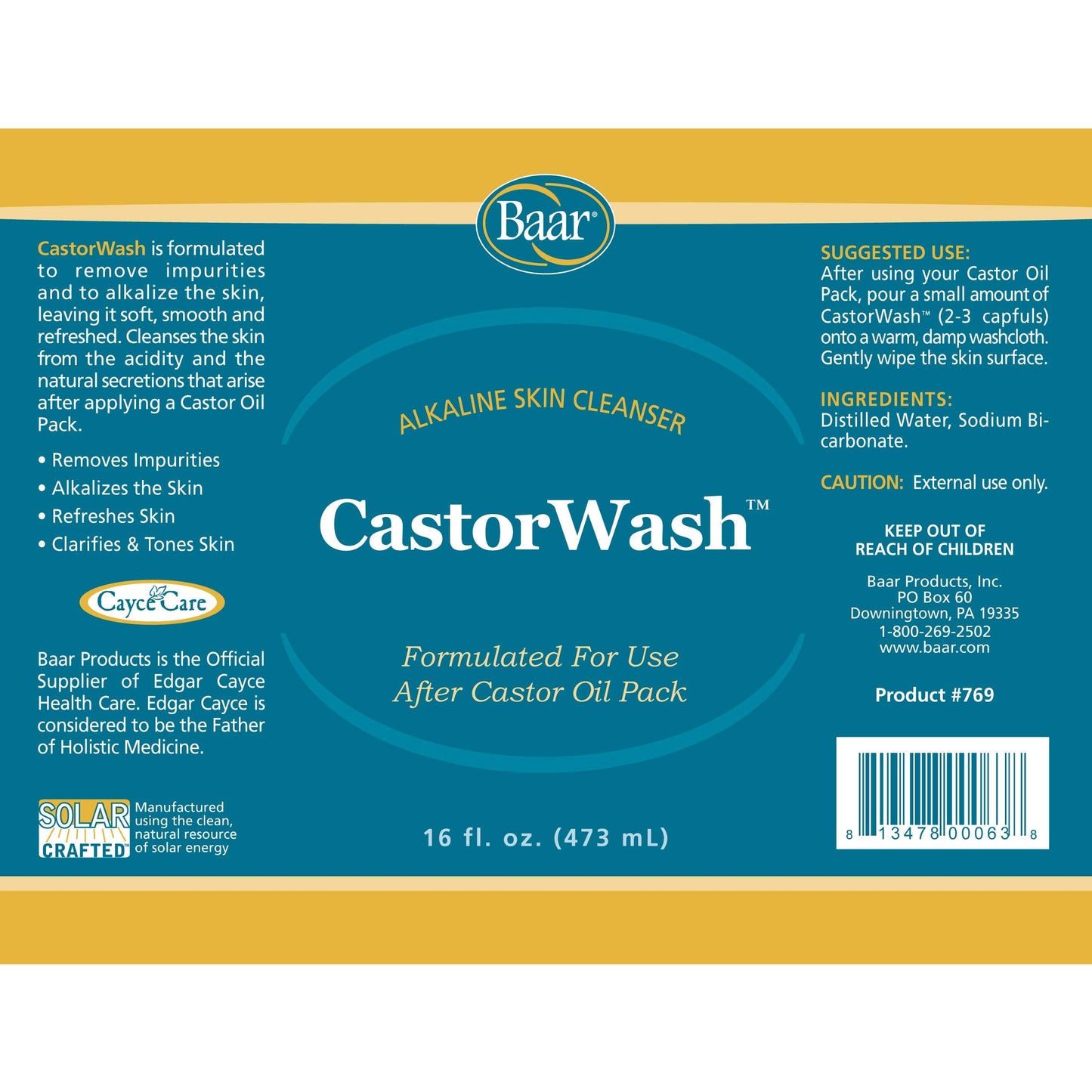 Baar CastorWash Alkalizing Castor Oil Pack Cleanser, Skin Wash, 16 Oz Beauty & Personal Care Baar
