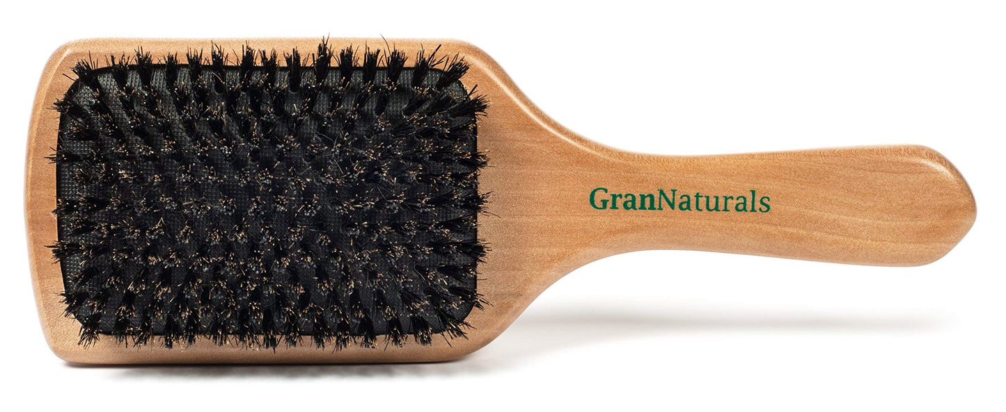 GranNaturals Boar Bristle Smoothing Hair Brush for Women and Men - Medium/Soft Bristles - Natural Wooden Large Flat Square Paddle Hairbrush for Fine Beauty & Personal Care GranNaturals