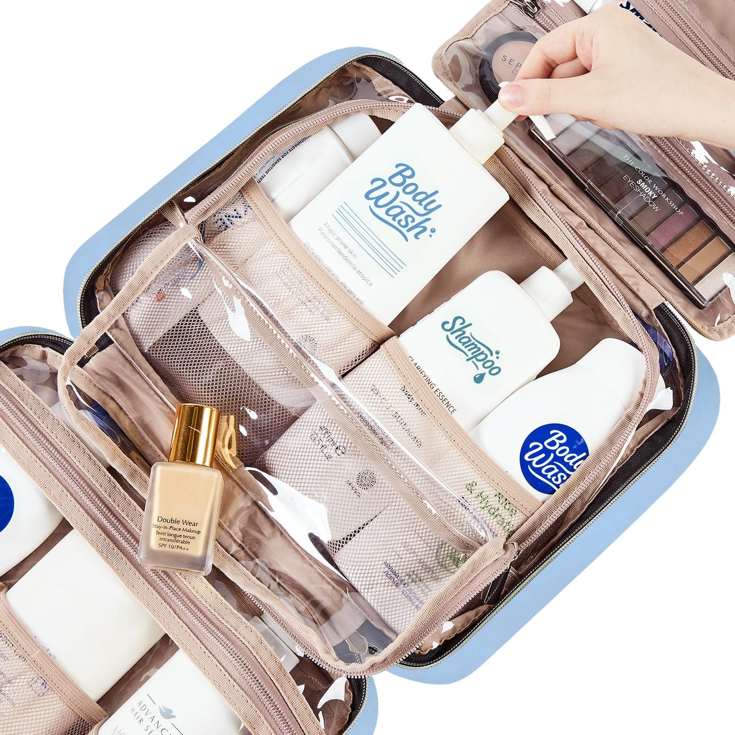 NISHEL Travel Toiletry Bag for women, Portable Hanging Organizer for Full-Sized Shampoo, Conditioner, Brushes Set, Makeup Accessories, Large Size Beauty and Personal Care NISHEL