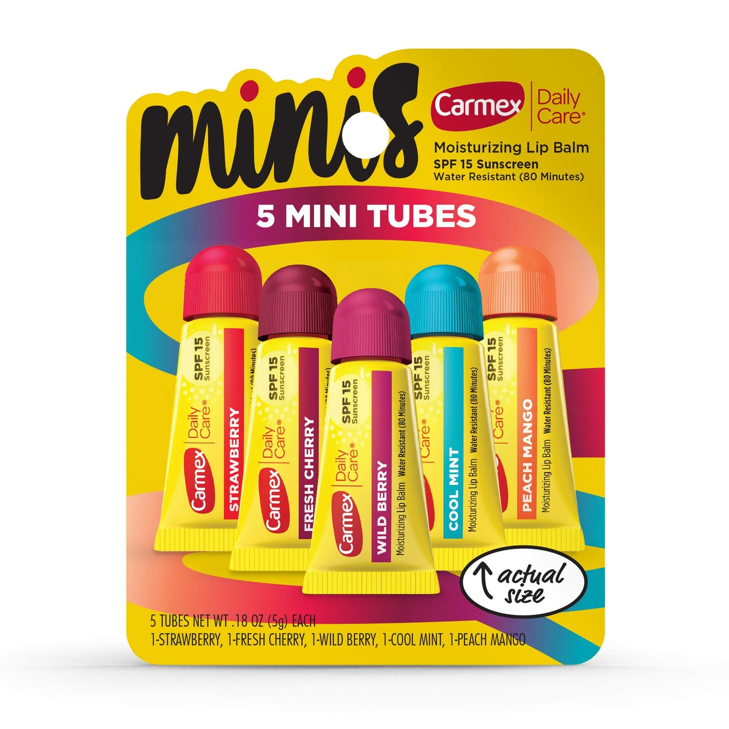 Carmex Daily Care Minis Moisturizing Lip Balm Tubes with SPF 15, Strawberry, Cool Mint, Wild Berry, Peach Mango and Fresh Cherry Lip Balm Pack - 0.18 Beauty and Personal Care Carmex