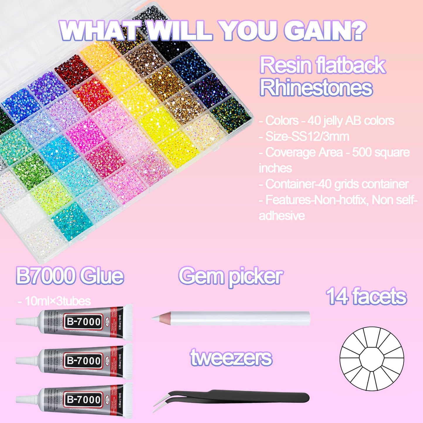 50000+Pcs Resin Jelly Rhinestones for Bedazzling Kit, 3mm Multicolor Flat Back Gems Bedazzler Kit with 3Pcs 10ml B7000 Jewelry Glue, Colorful Bulk Beauty and Personal Care DEWJDFSC