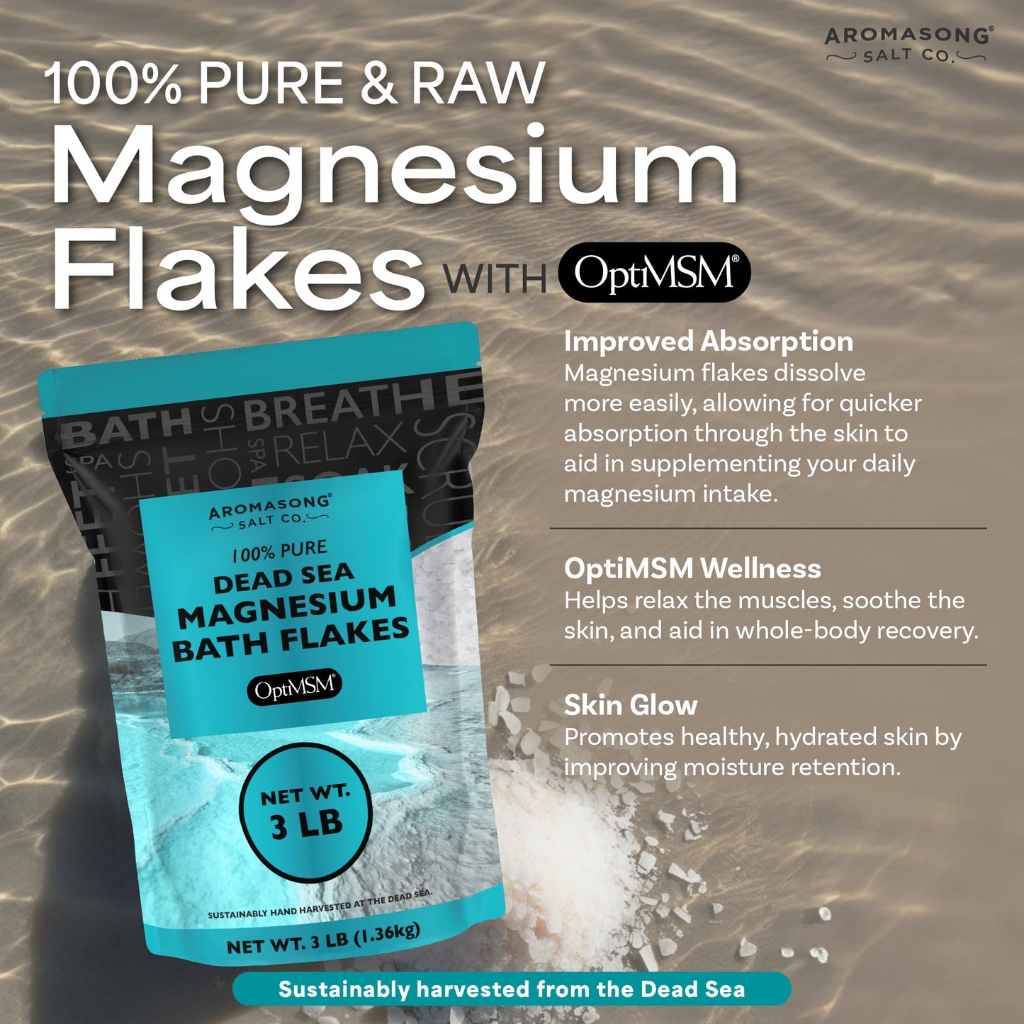 Aromasong RAW Magnesium Flakes + OptiMSM for Soaking 3 LB Resealable Pack - Muscle Relaxing Organic Bath Salts Magnesium Chloride Flakes, Mineral Beauty and Personal Care Aromasong