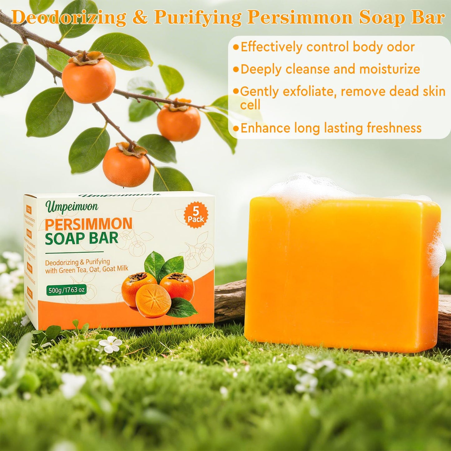 Umpeimvon 5 PCS Persimmon Soap Bar for Body Odor, Natural Persimmon Soap for Old People Smell, Tea Tree and Goat Milk Soothing Moisturizing Bar Beauty & Personal Care Umpeimvon
