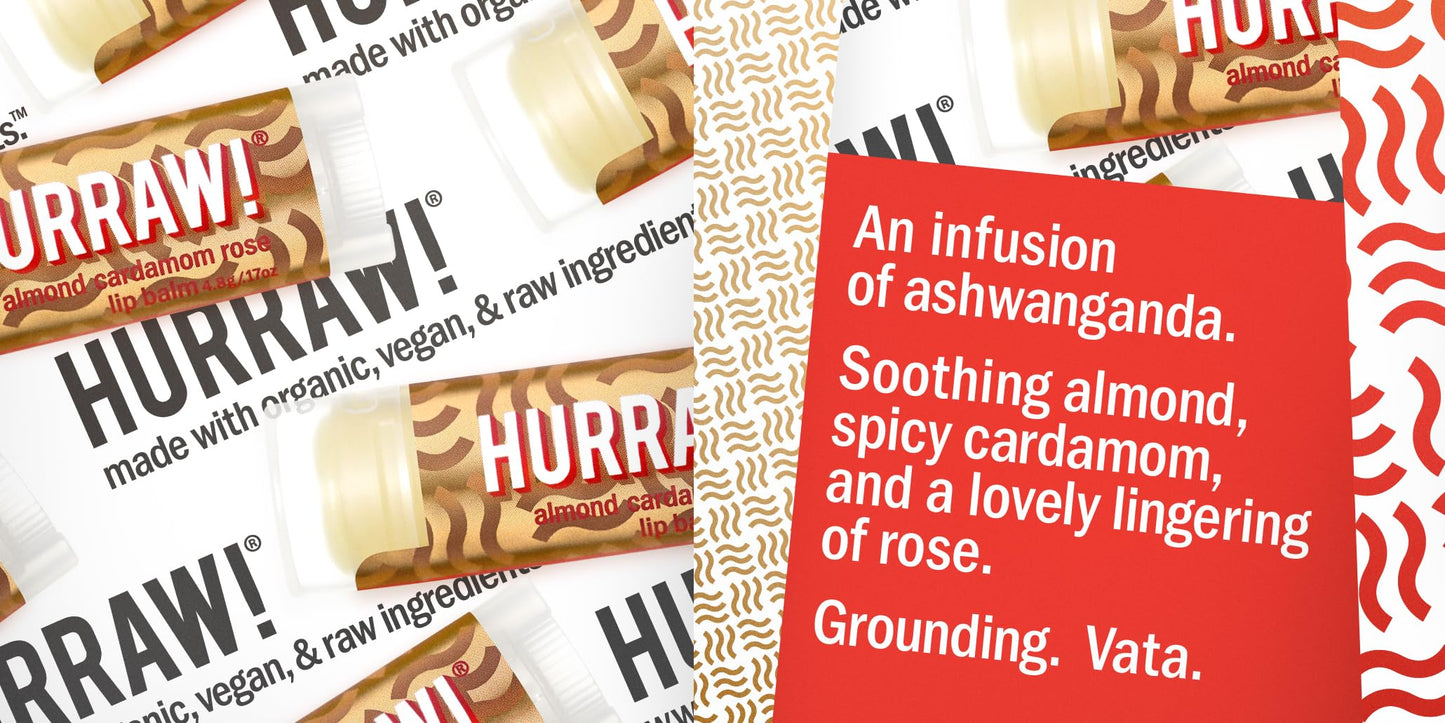 Hurraw! Almond, Cardamom, Rose (Vata) Lip Balm, 3 Pack: Organic, Certified Vegan, Cruelty and Gluten Free. Non-GMO, 100% Natural Ingredients. Bee Beauty & Personal Care HURRAW!