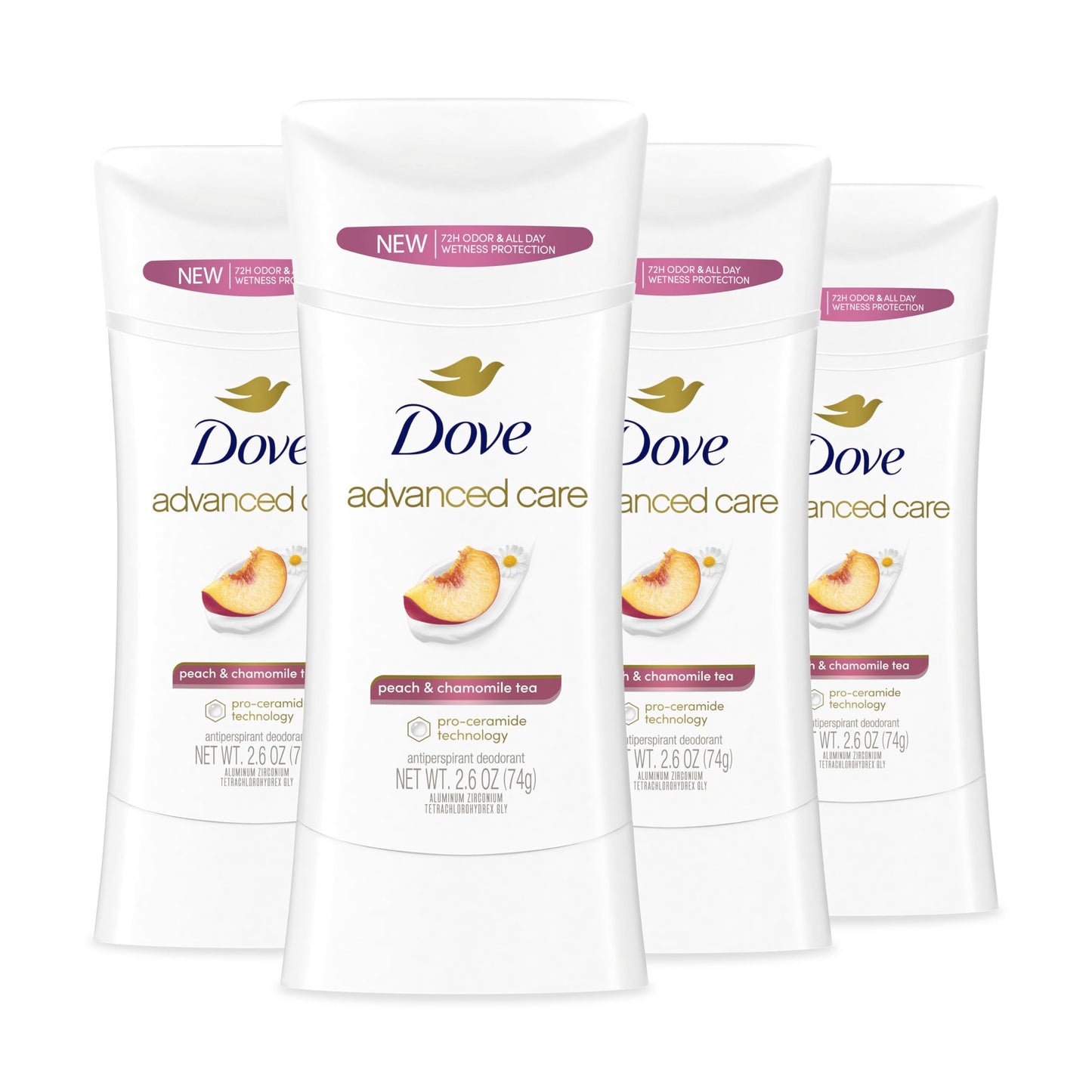 Dove Advanced Care Antiperspirant Deodorant Stick Peach & Chamomile Tea 4 Count for helping your skin barrier repair after shaving 72 hour odor Beauty and Personal Care Dove