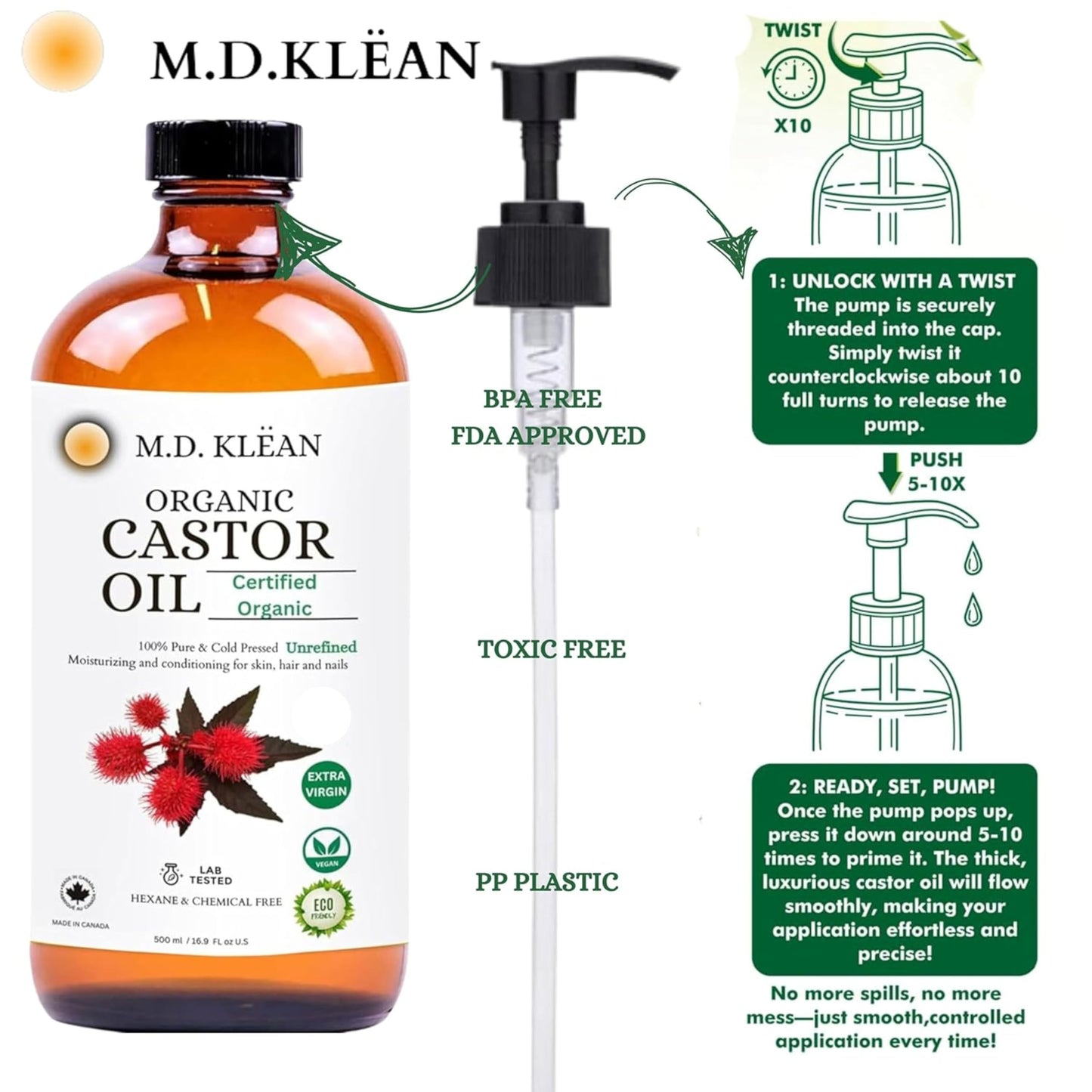 MD KLEAN Organic Castor Oil (500ml w/ 60ml Dropper) 100% Cold Pressed Unrefined Glass Bottles | Hexane Free | Moisturizer and Conditionor Beauty & Personal Care M.D. KLEAN