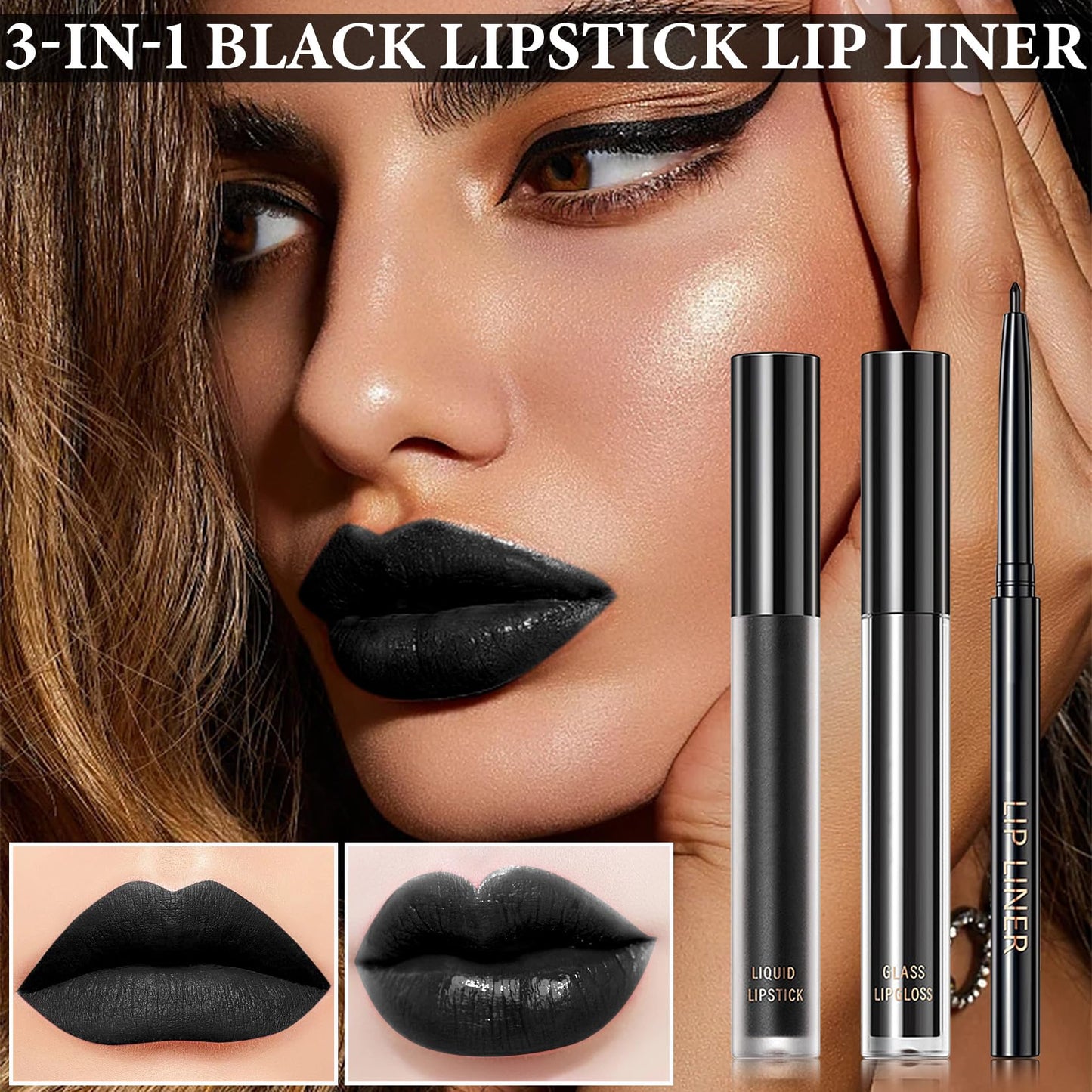 Black Matte Liquid Lipstick,3 in 1 Black Lip Liner and Lipstick Set,Matte Lip Gloss Long Lasting Moisturizing Velvet Lipgloss Make Up Gift Set Cosplay Beauty & Personal Care BKPPLZP