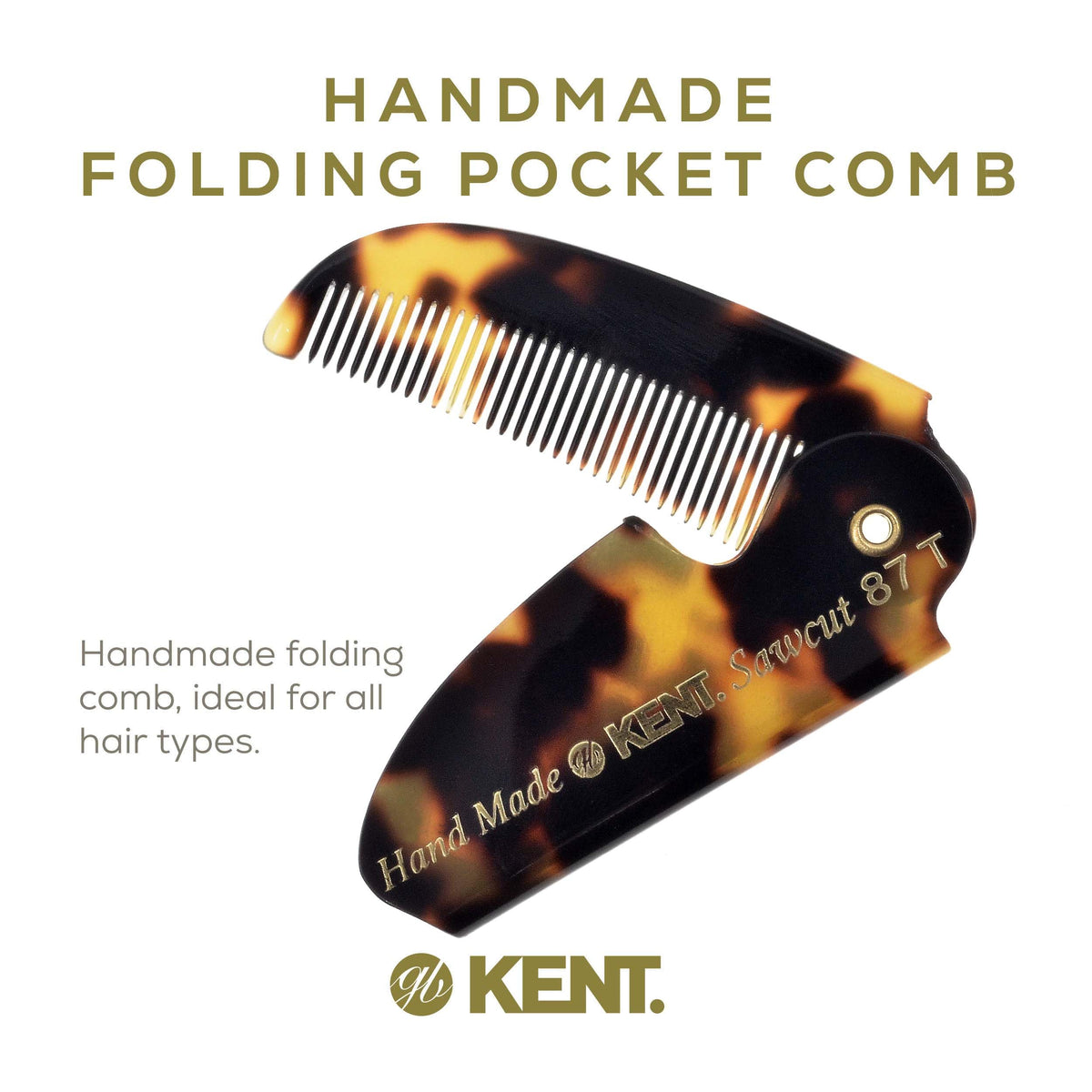 Kent 87T TY Handmade Folding Pocket Comb for Men, Fine Tooth Hair Comb Straightener for Everyday Grooming Styling Hair, Beard or Mustache, Use Dry or