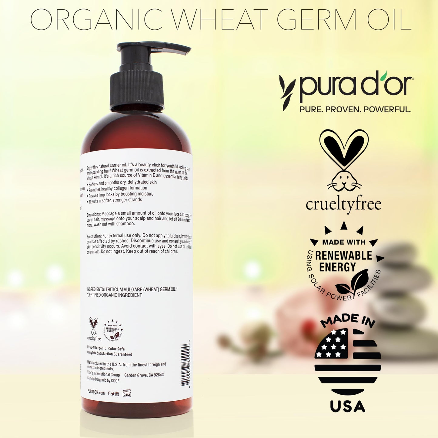 PURA D'OR ORGANIC Wheat Germ Oil (16 Oz x3 = 48 Oz) 100% Pure & Natural USDA Certified Cold Pressed Carrier Oil - Vitamin E Rich, Moisturizing Beauty & Personal Care PURA D'OR