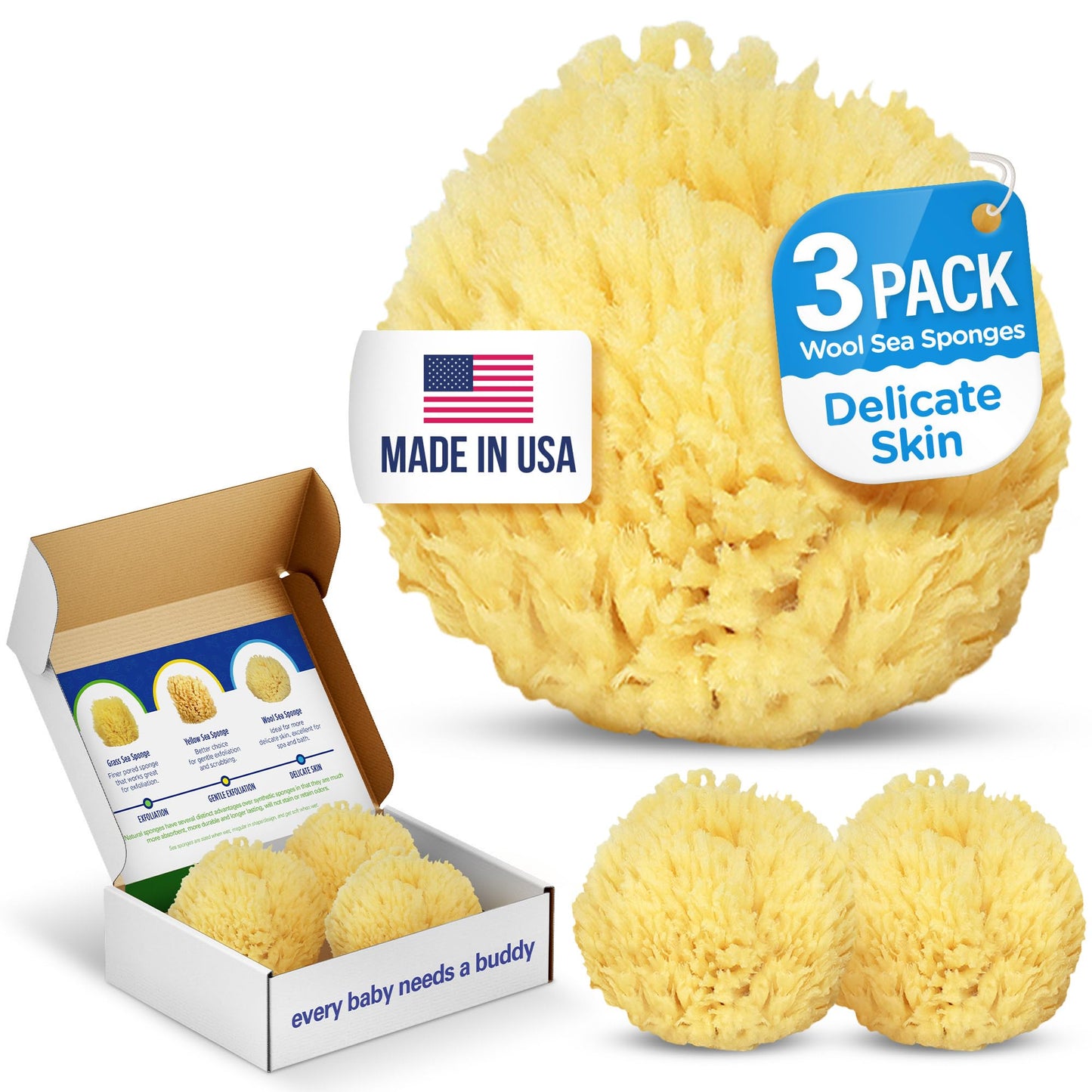 Baby Buddy Natural Bath Sponge, Ultra-Soft Sea Wool, Gentle on Baby's Skin, Hypoallergenic, Biodegradable, 3-Pack, 4in for Baby & Infant Bath Time Beauty and Personal Care Baby Buddy