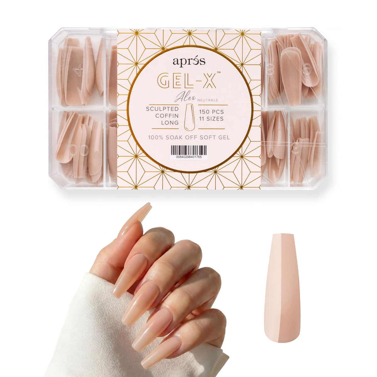 Apres Neutrals Gel-X Alex Box Of Nail Tips, 11 Sizes 00-9, Soft Gel Nail Tip Box, Nail Extensions (150pcs) (Sculpted Coffin Long, 150pcs)