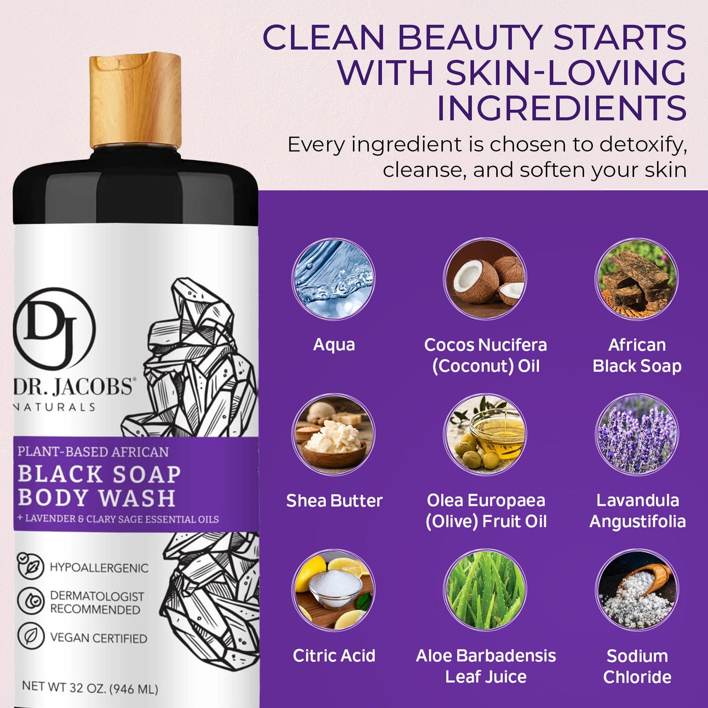 Dr Jacobs Naturals Authentic African Black Liquid Soap with Lavender & Sage Scent | All-In-One Face Wash, Sensitive Skin Body Wash, Shampoo, Shaving Beauty & Personal Care DR.JACOBS NATURALS