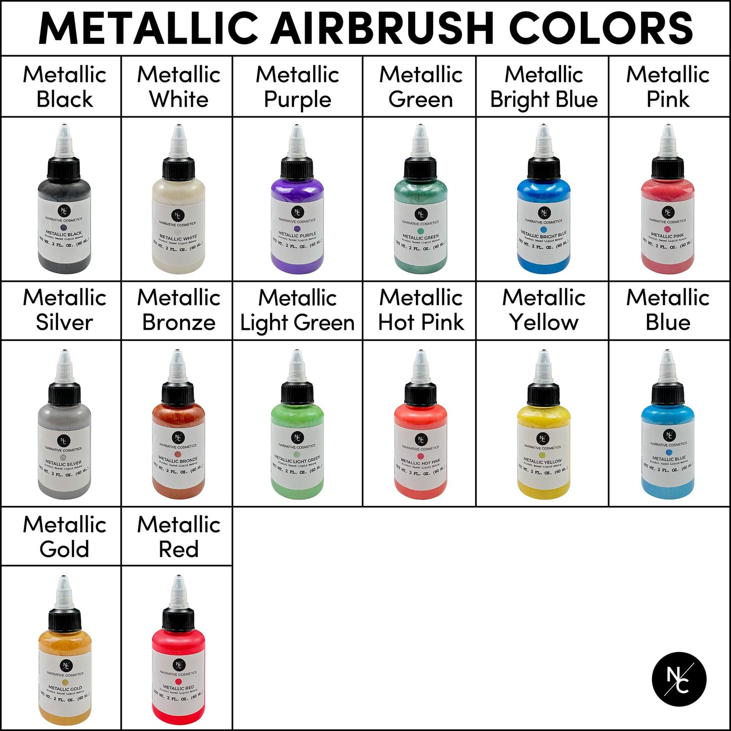 Narrative Cosmetics Metallic Alcohol Airbrush Paints - 2 fl oz, Skin Safe, Quick Dry, Waterproof, Sweatproof, Transferproof Liquid Makeup Beauty & Personal Care Narrative Cosmetics