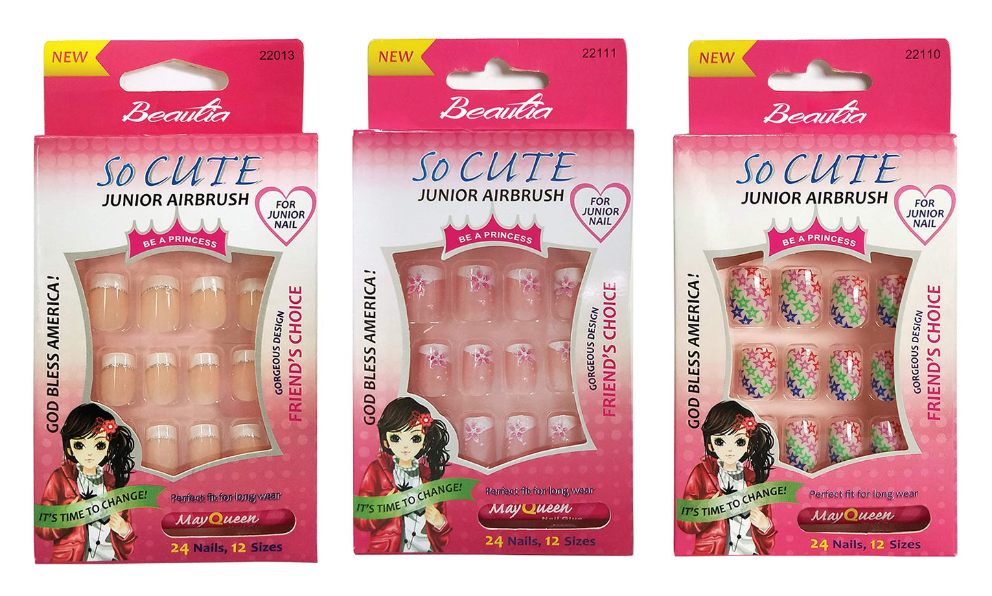 Beautia 3PACK 72tips So Cute Junior False Fake Nails With Glue for Kids Beauty & Personal Care Beautia