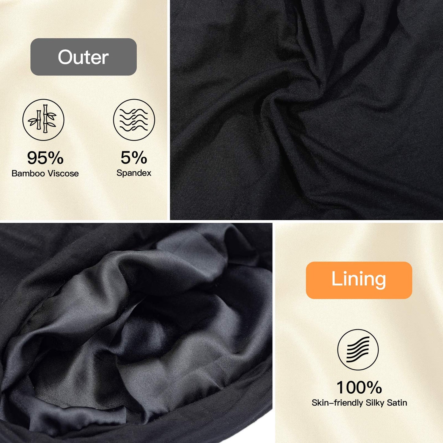 Silk Satin Lined Bonnet Sleep Cap - Adjustable Stay on All Night Hair Wrap Cover Slouchy Beanie for Curly Protection Women and Men Solid Black Beauty and Personal Care GB Selected